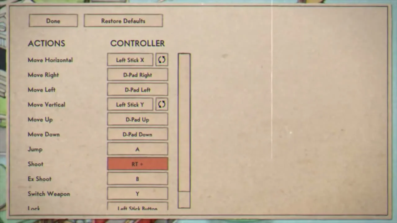 The Xbox control screen lists Actions at left and the assigned Controller buttons at right, including Jump, Shoot, EX Shoot, Switch Weapon and lower actions.