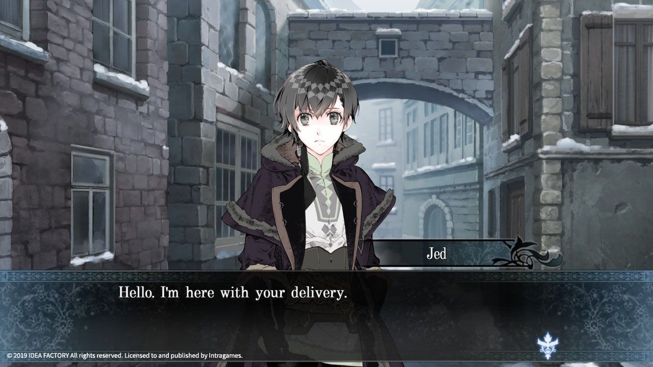 Jed stands in a snowy town in Psychedelica of the Ashen Hawk.