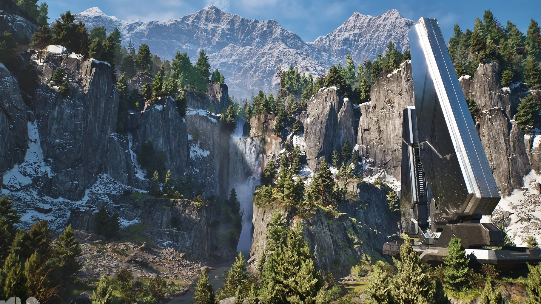 A Halo structure rises beside mountains, waterfalls, and forest in the Project Foundry demonstration.