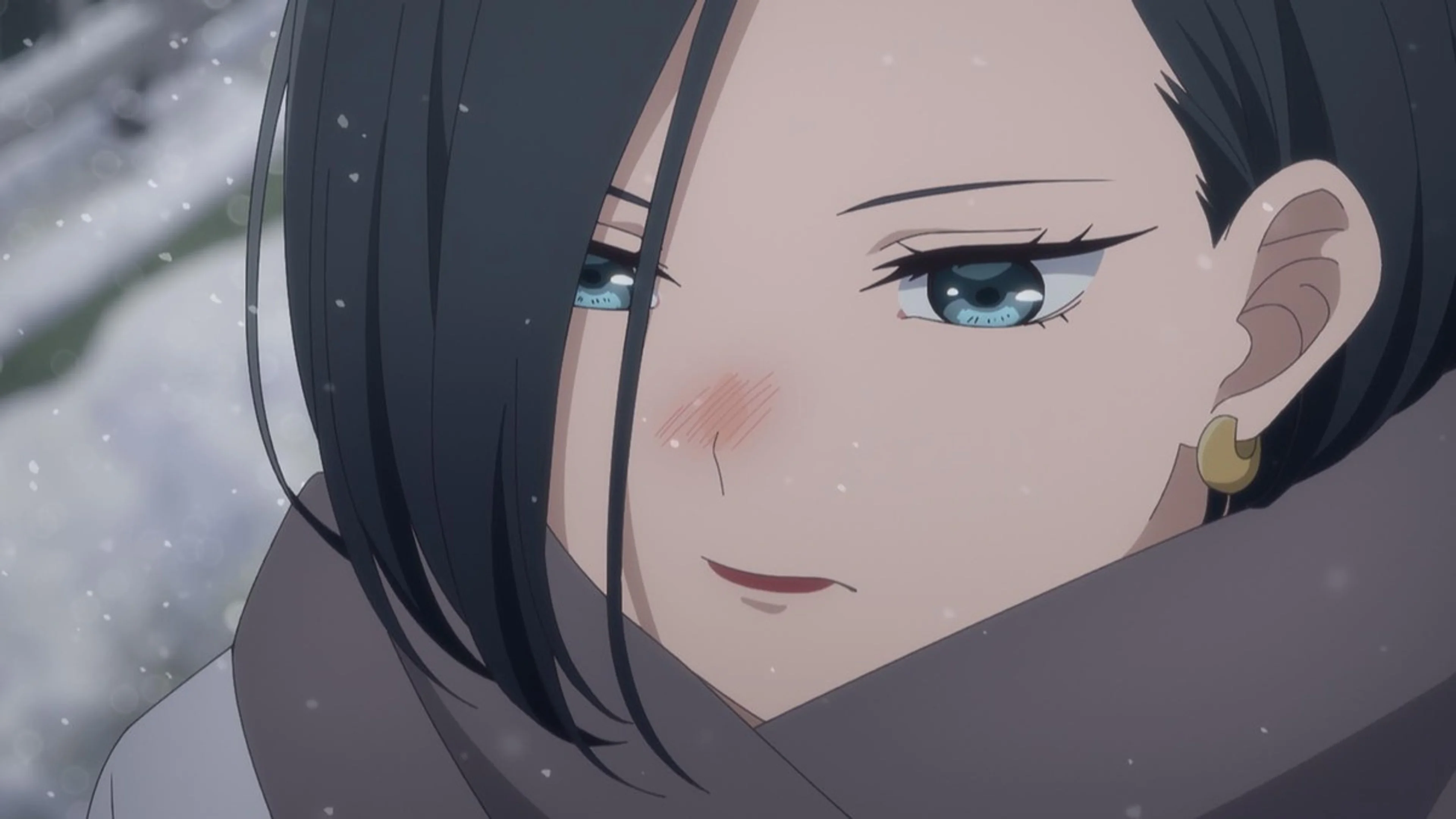 A woman in a winter coat appears in a snowy Please Excuse My Younger Brothers episode 13 scene.