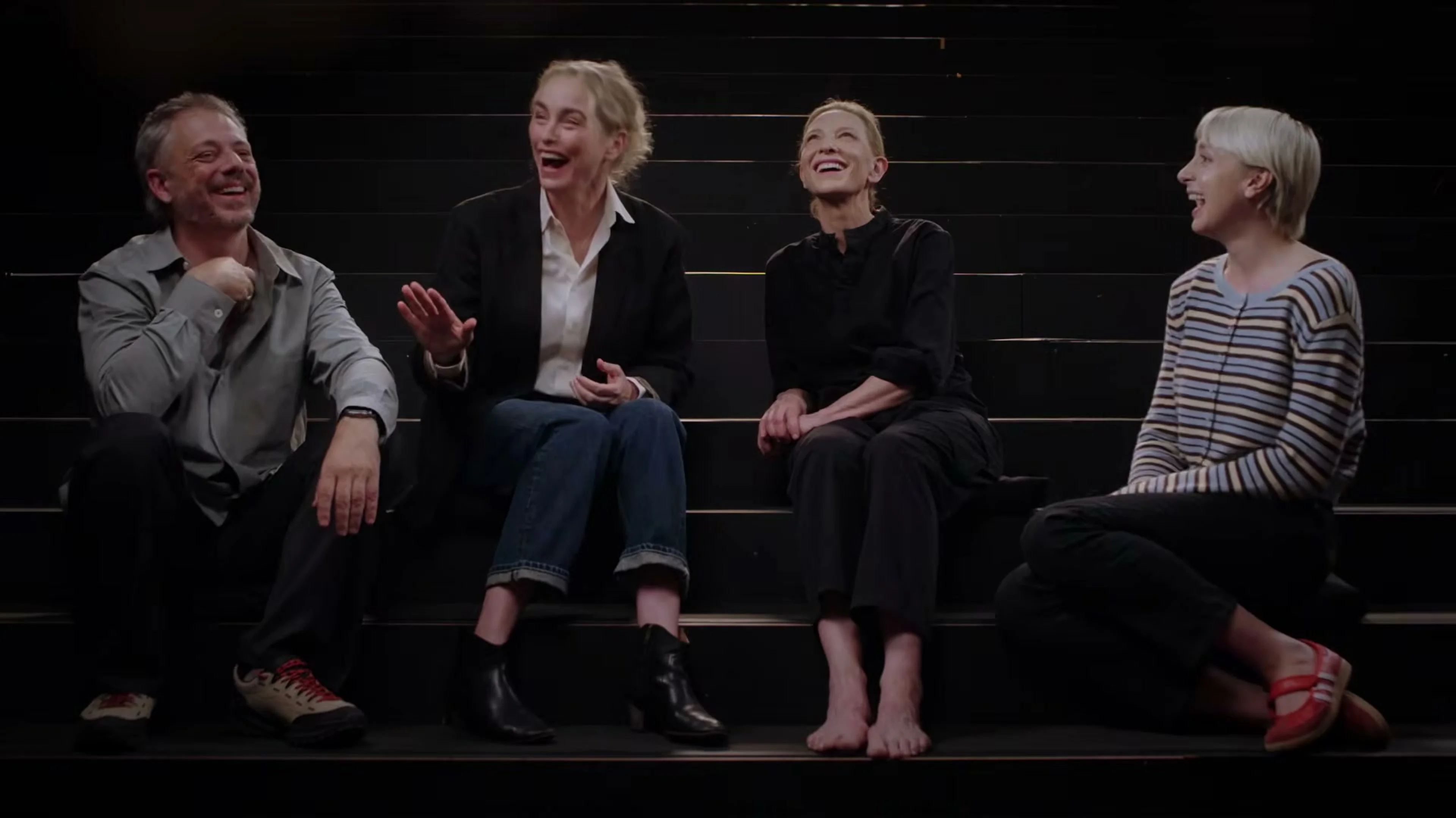 Benedict Andrews, Nina Hoss, Cate Blanchett and Ella Lily Hyland sit together at the National Theatre.