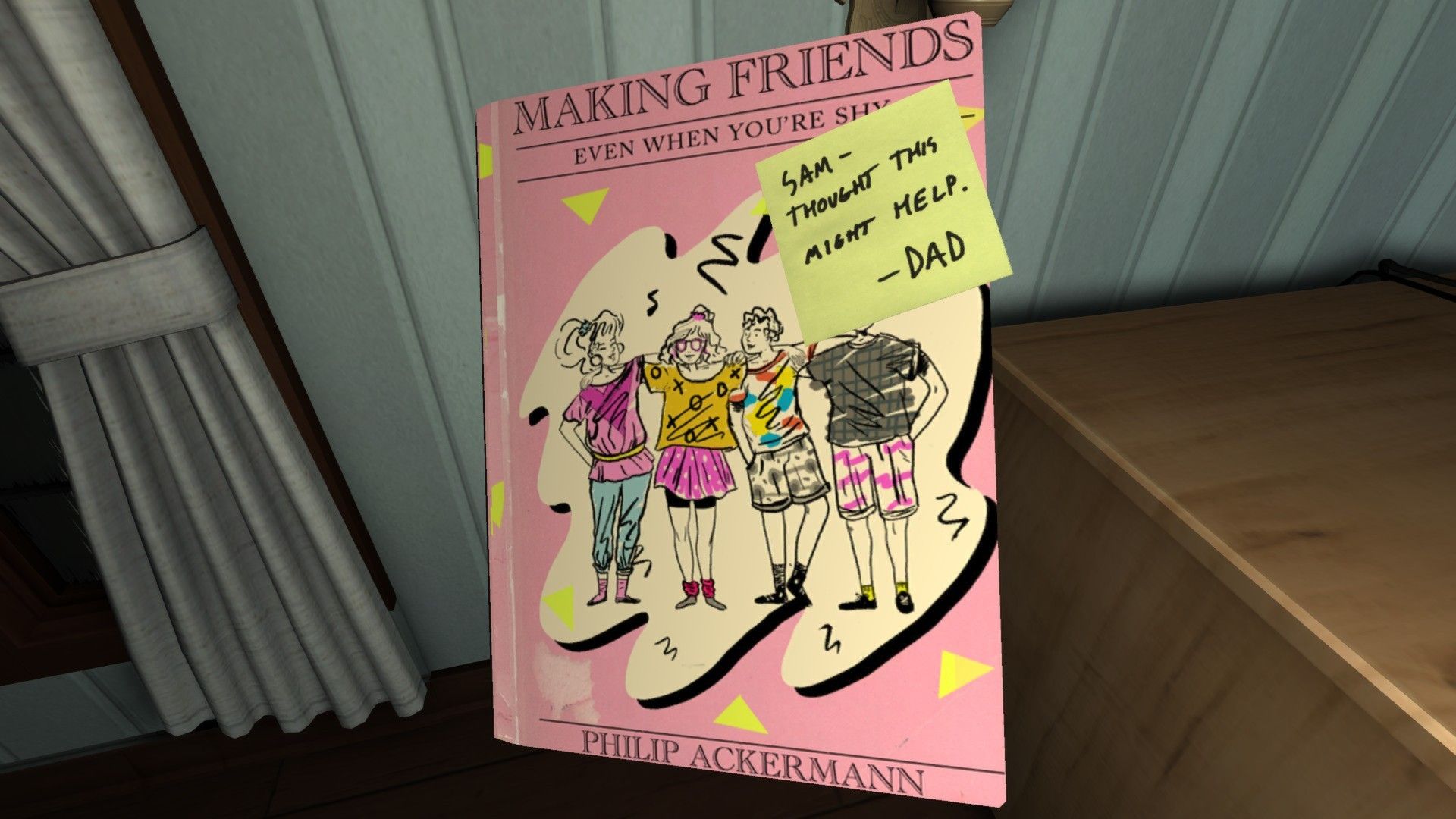 A bright pink school booklet is being examined close up.