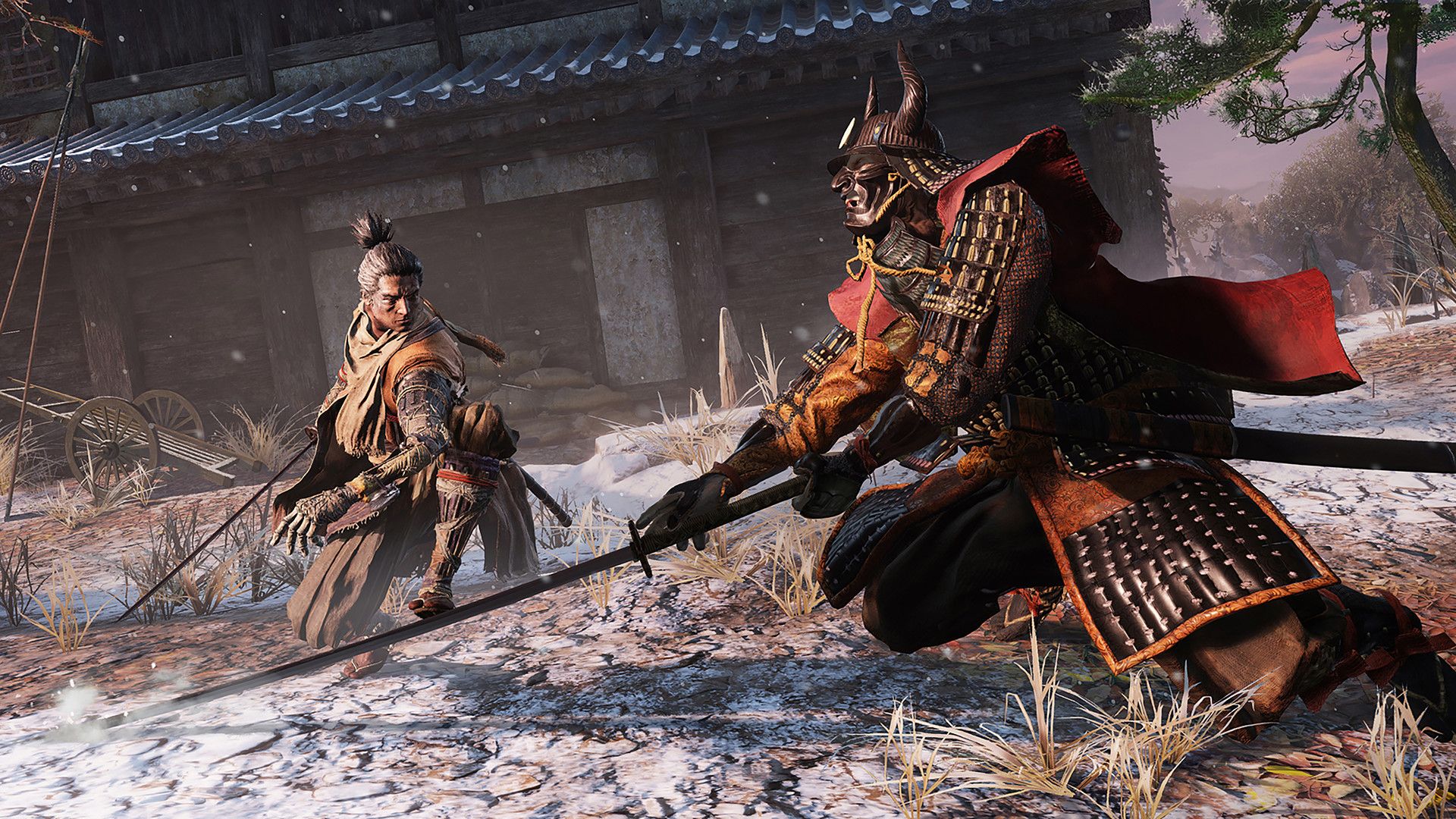 Wolf faces an armored swordsman in a snow-covered courtyard.