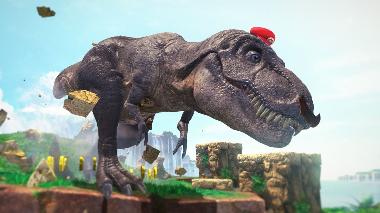 A captured Tyrannosaurus rex wears Mario’s cap in the Cascade Kingdom.