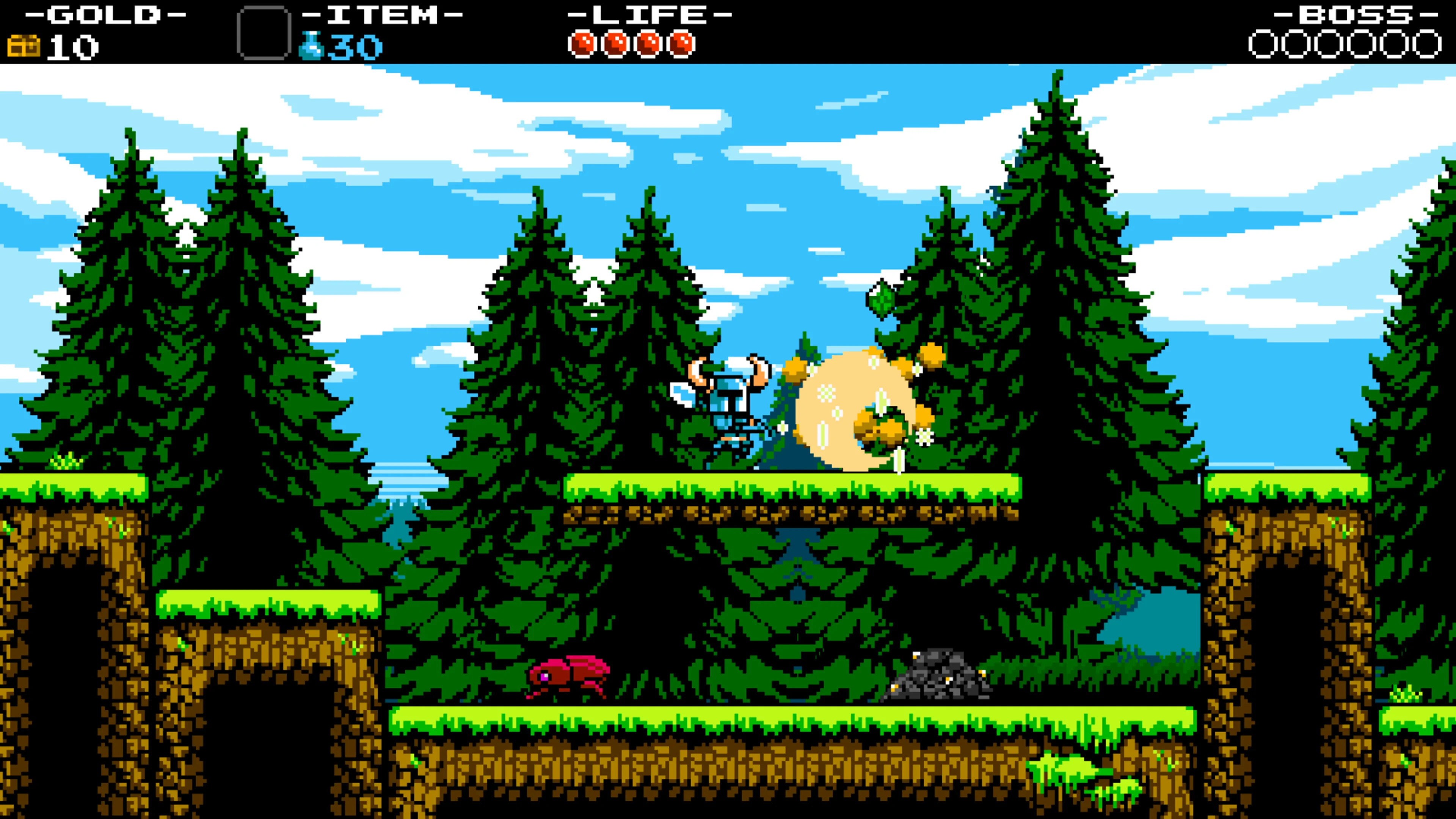 Official forest screenshot showing the blue knight swinging the Shovel Blade horizontally at a yellow enemy, with a small gap and lower platform visible.