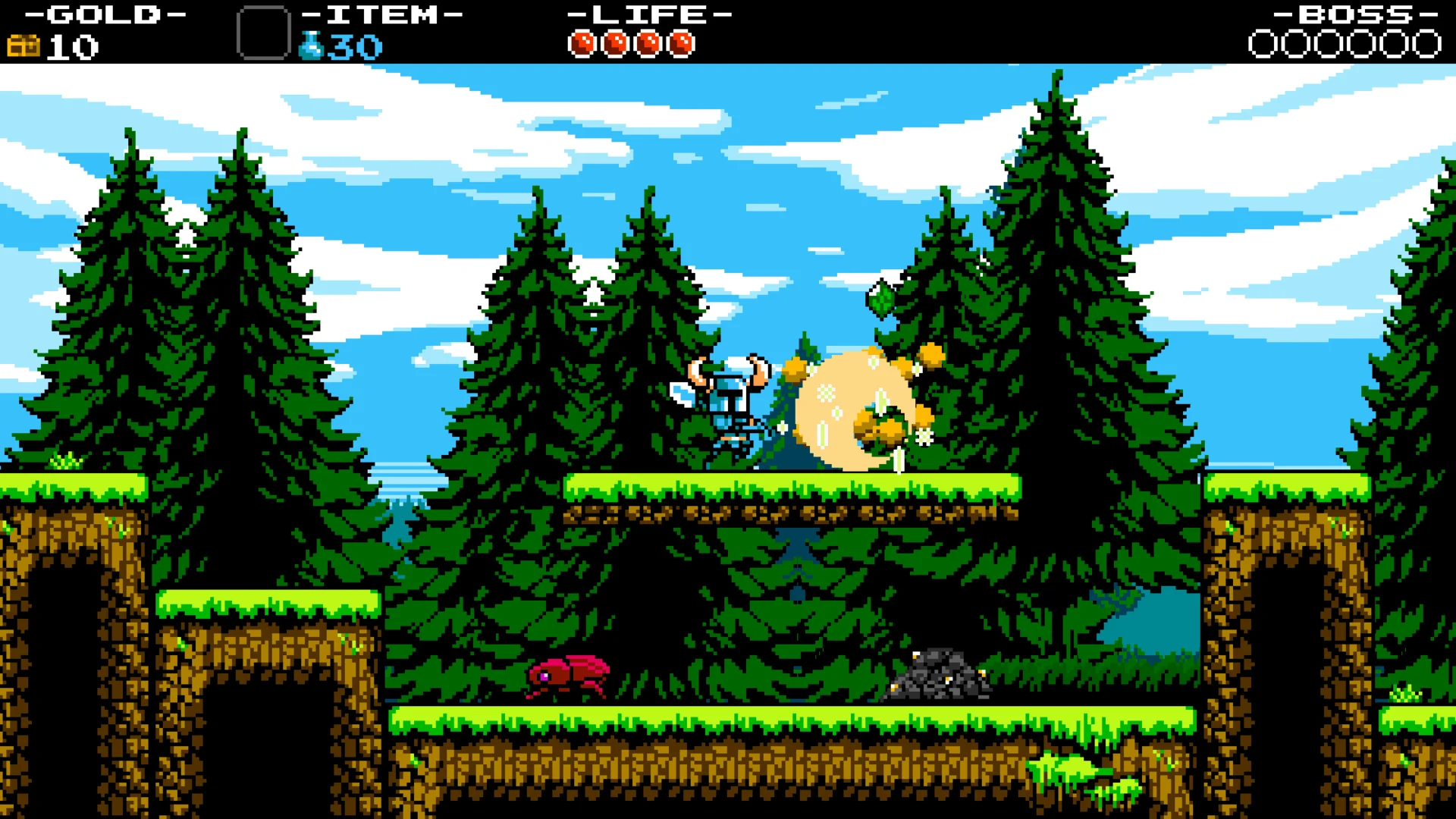 Official forest screenshot showing the blue knight swinging the Shovel Blade horizontally at a yellow enemy, with a small gap and lower platform visible.