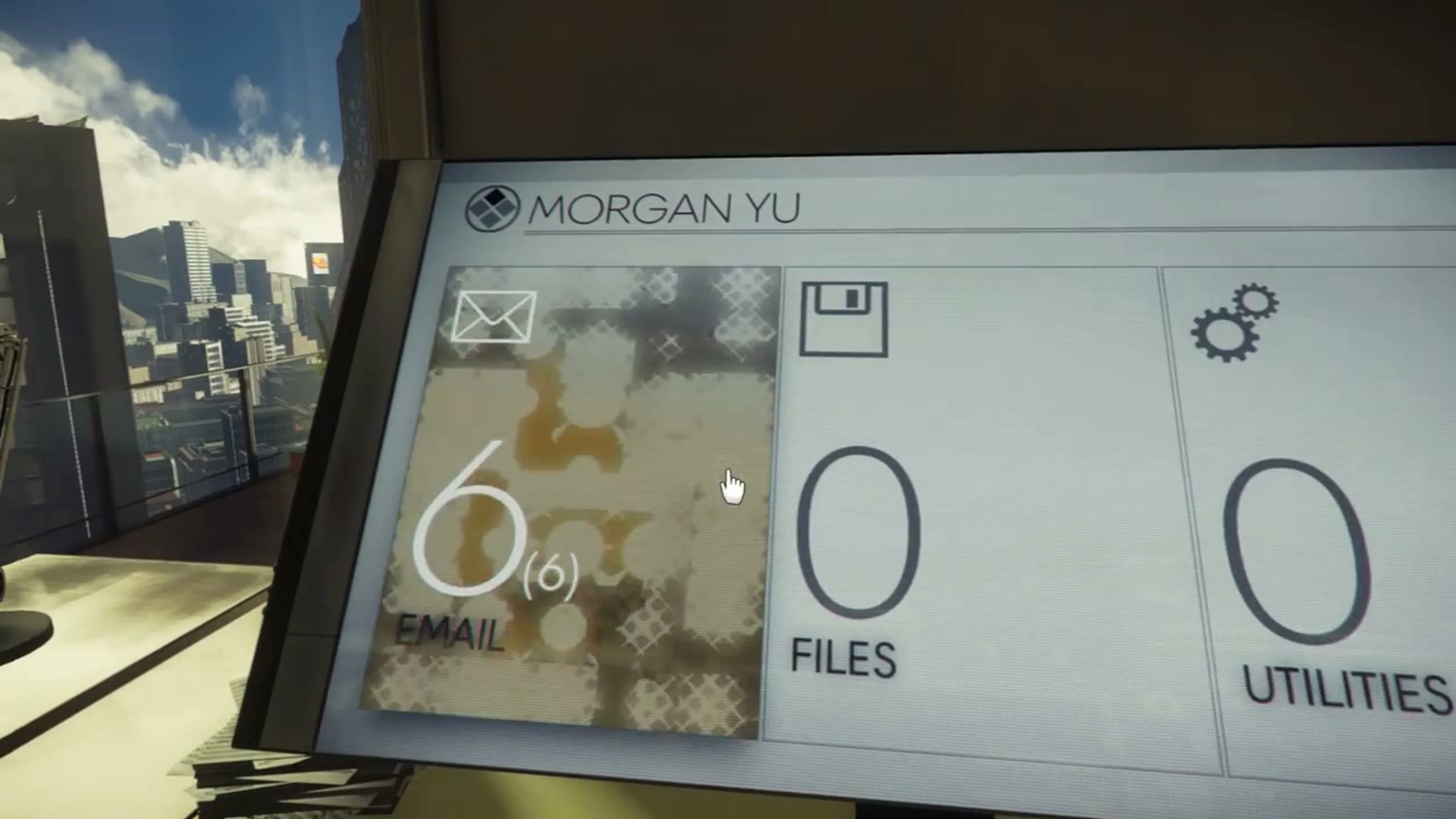 TranScribe screen with EMAIL, FILES and UTILITIES panels after Morgan wakes again.