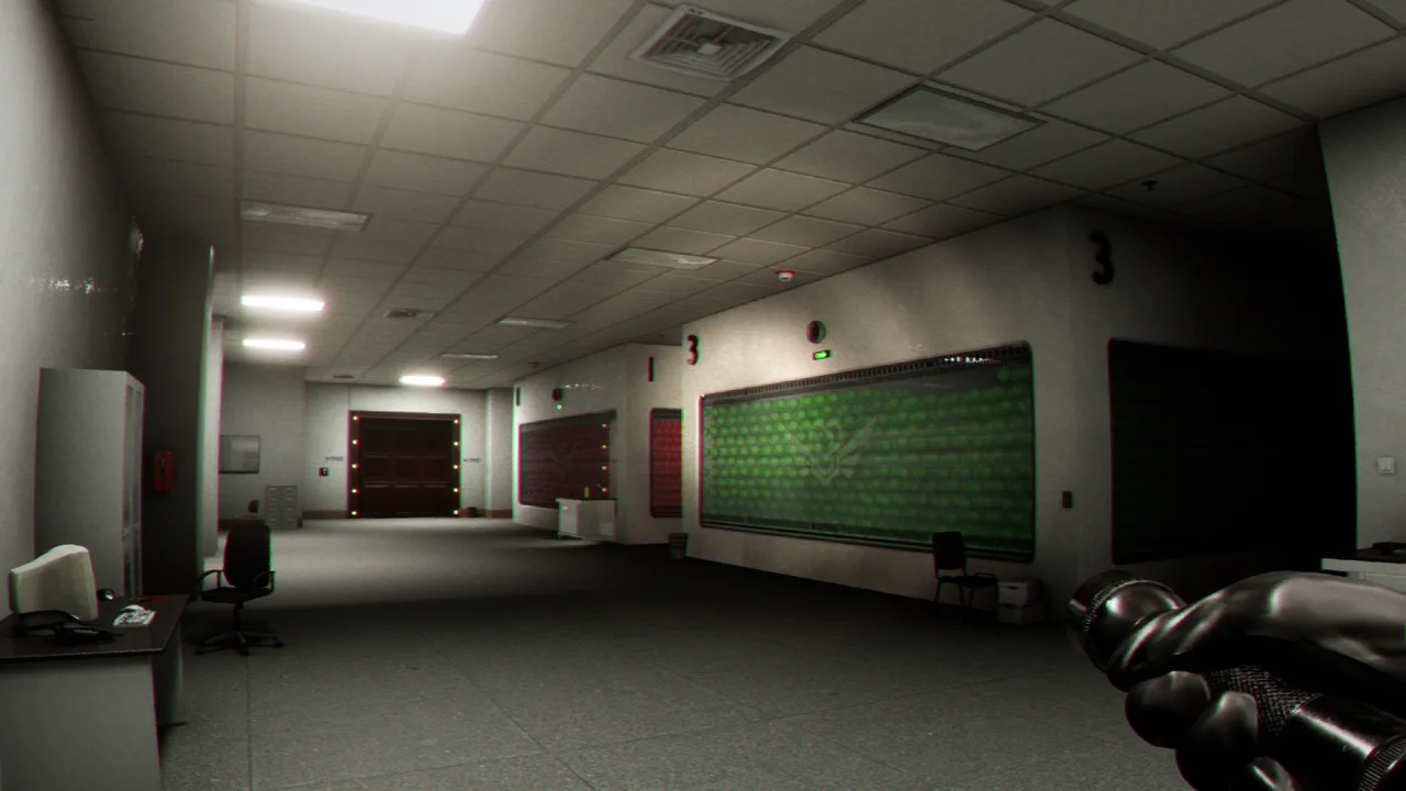 A first-person view shows the abandoned M.E.G. facility that leads into Level 421 in Escape the Backrooms.