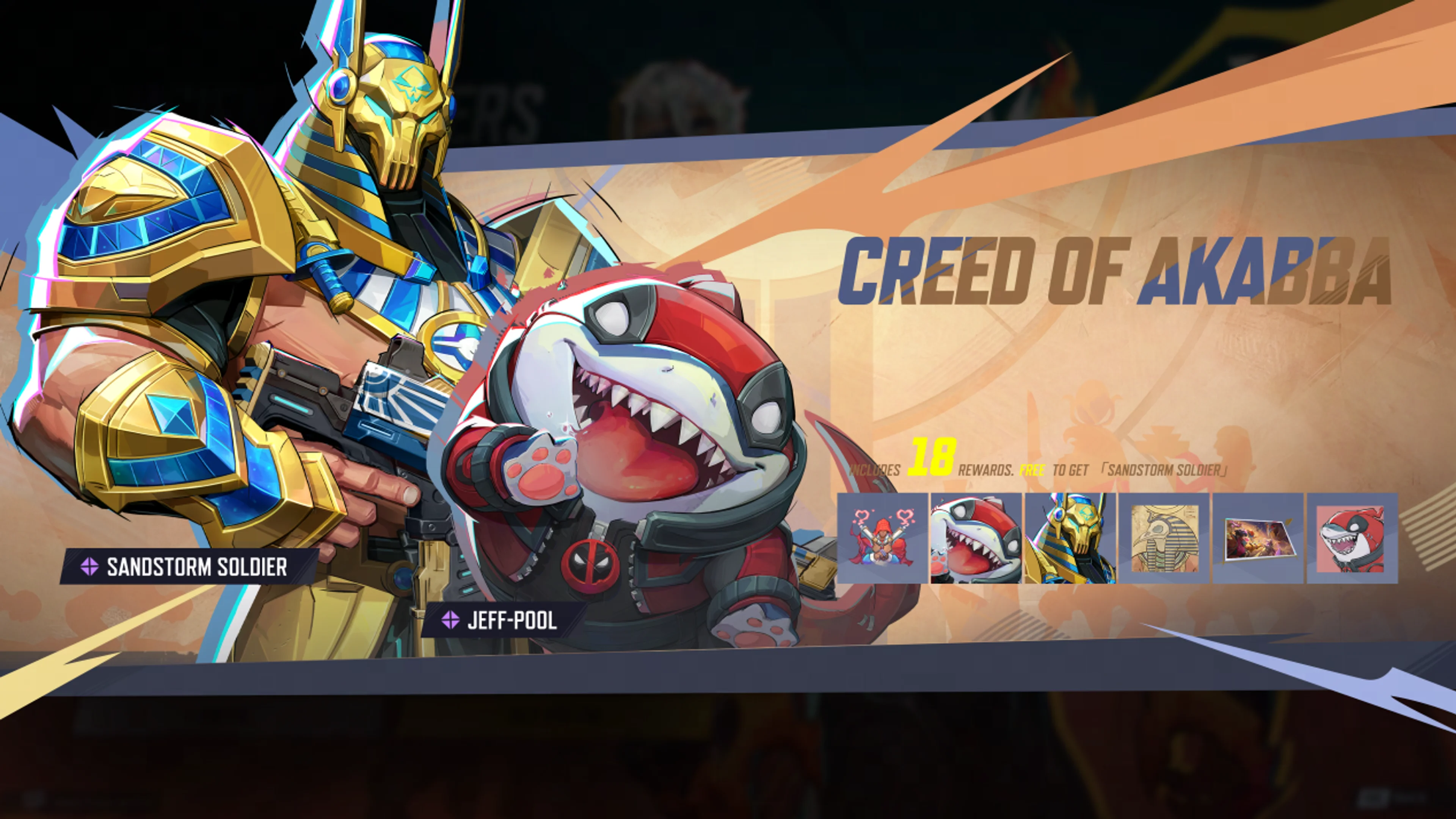 The Creed of Akabba event screen shows Jeff-Pool and a Sandstorm Soldier reward in Marvel Rivals.
