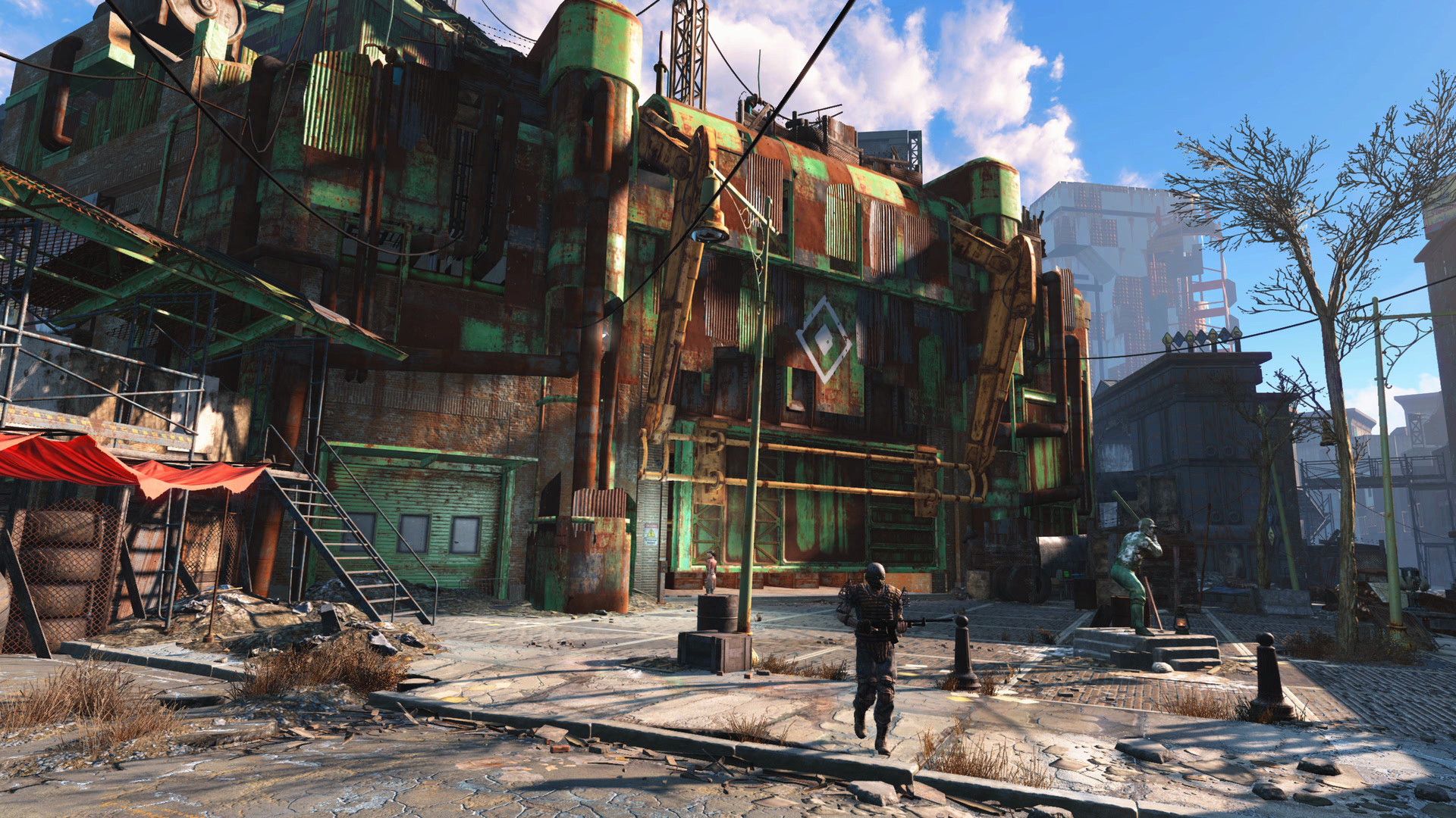 A character walks through a weathered street of patched-together buildings.