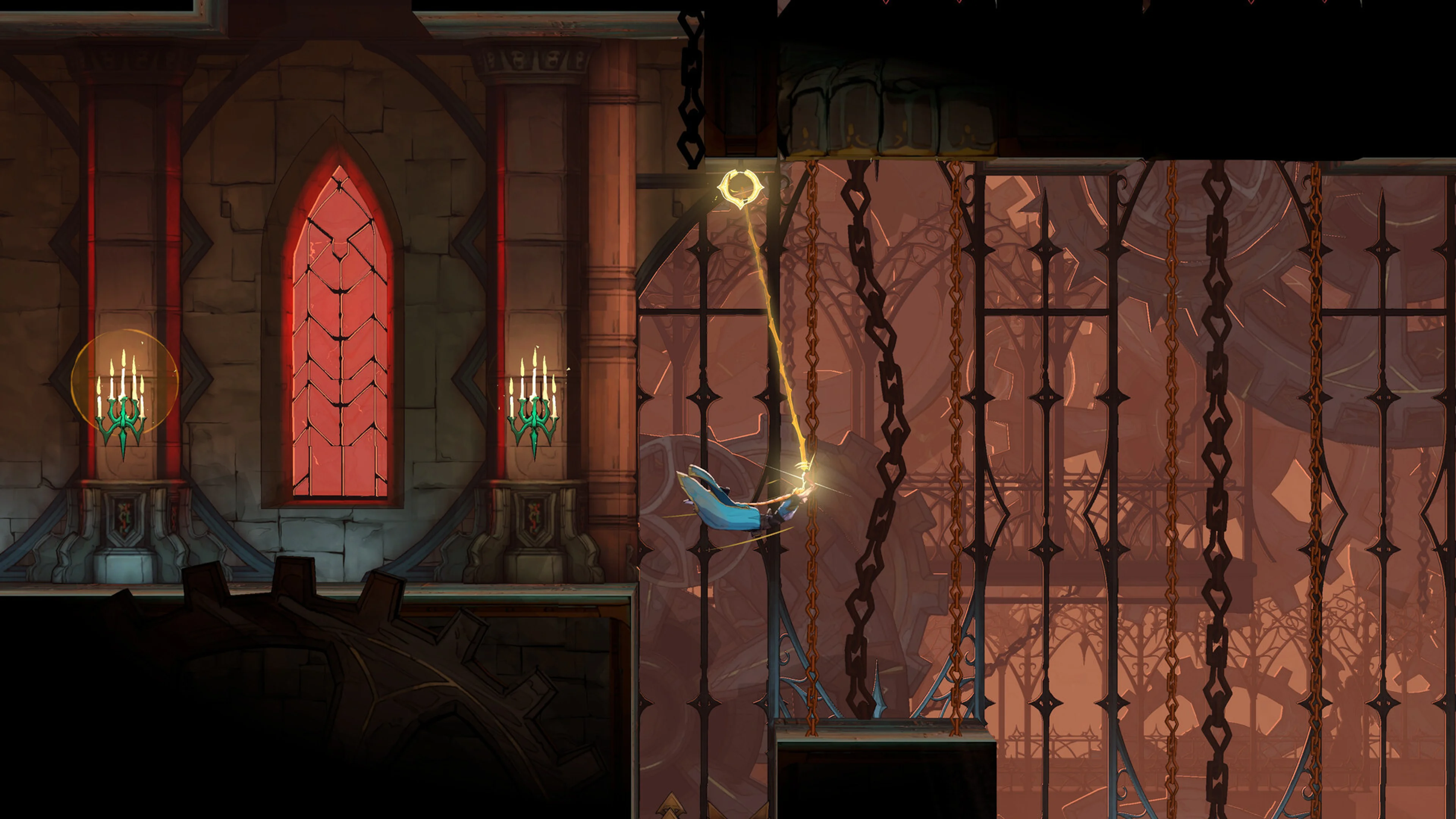 Rose hangs from an overhead anchor with the Vampire Killer whip above a gap in a castle hall.