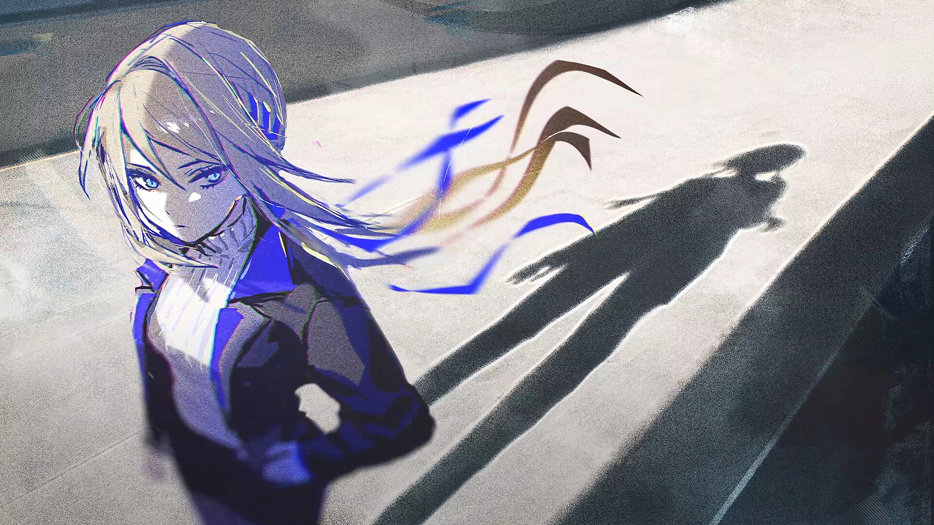 Lina stands beside a dark shadow in the stylized art of Faraday Blues.