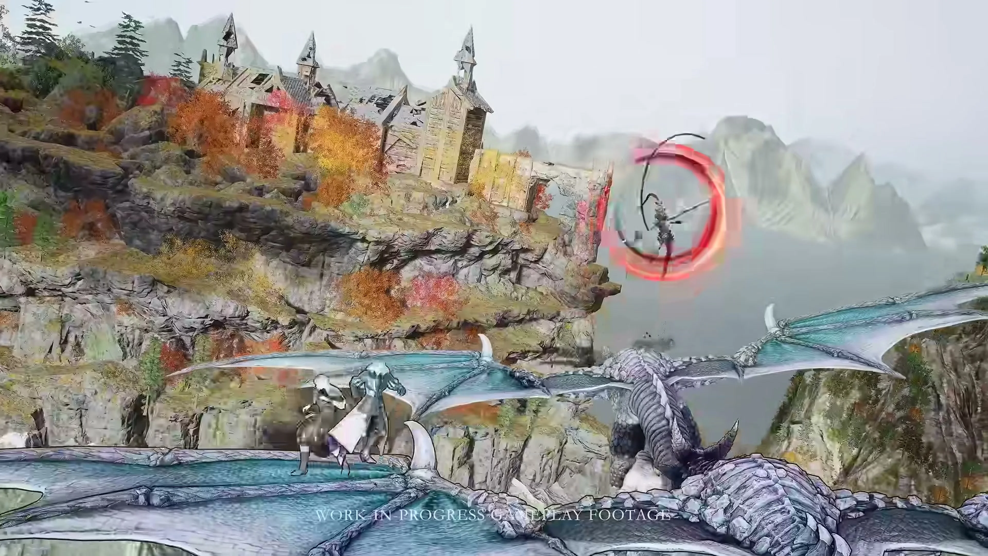 A winged creature rises above the landscape in Bloodstained: The Scarlet Engagement.
