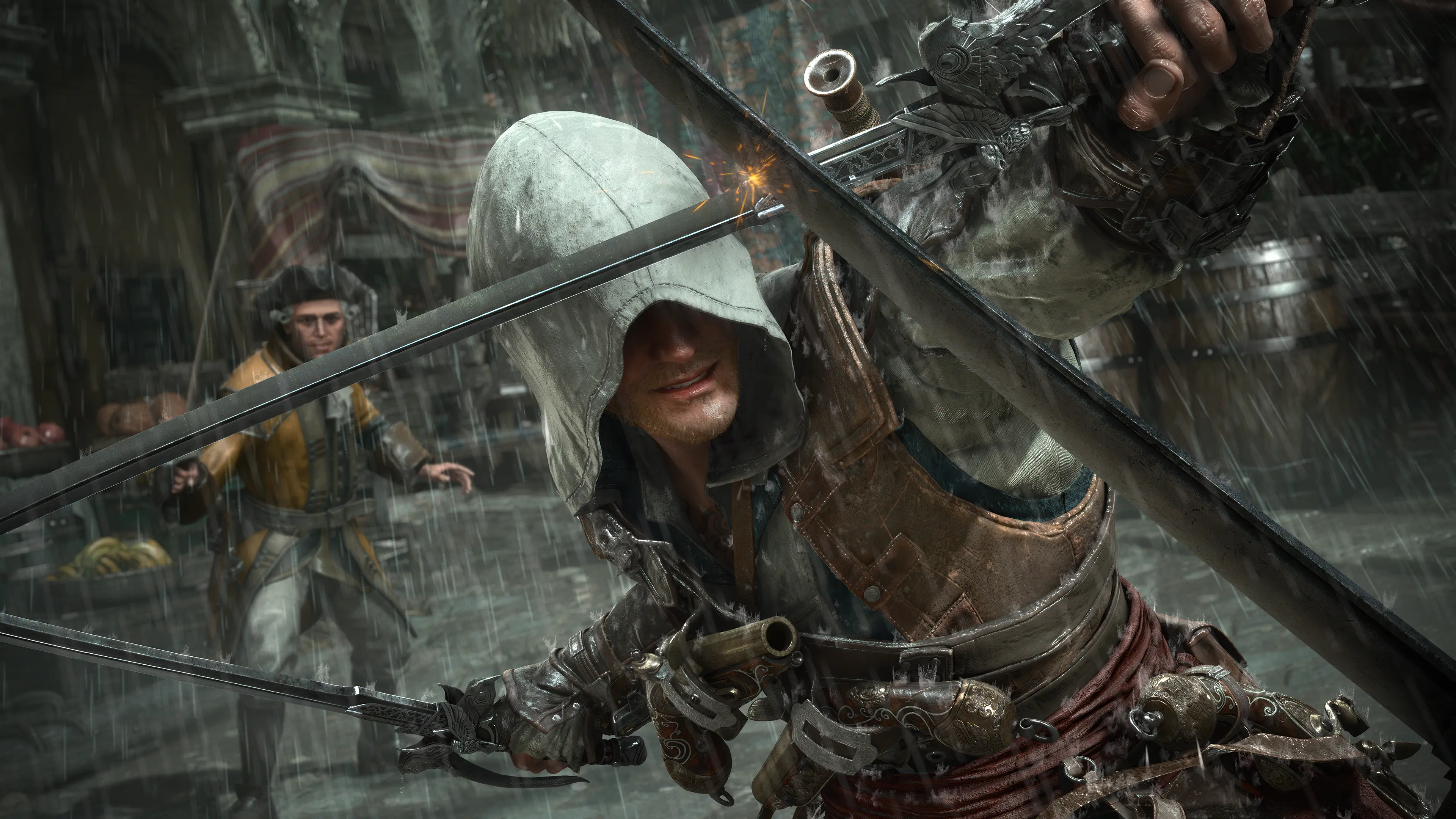 Edward Kenway blocks two swords during a rain-soaked ship fight in Assassin’s Creed Black Flag Resynced.