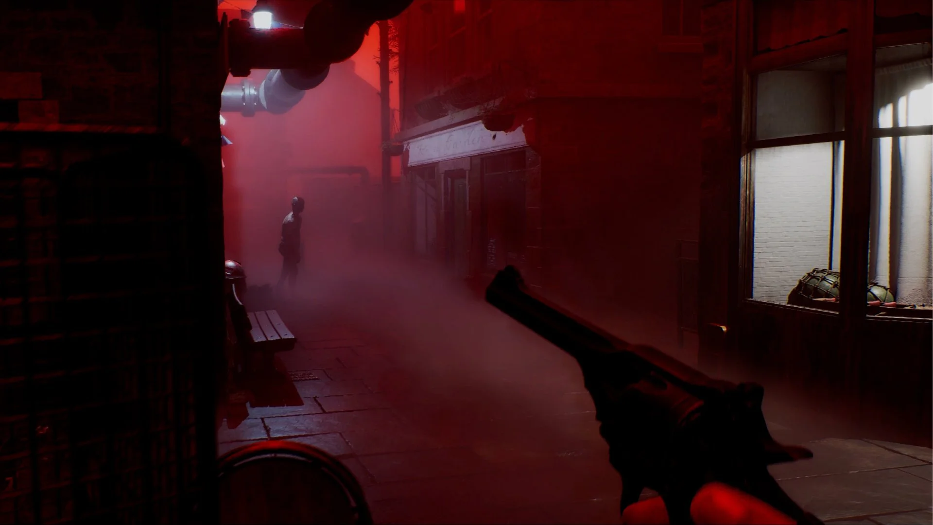 Simon points a firearm at a creature in a foggy street.