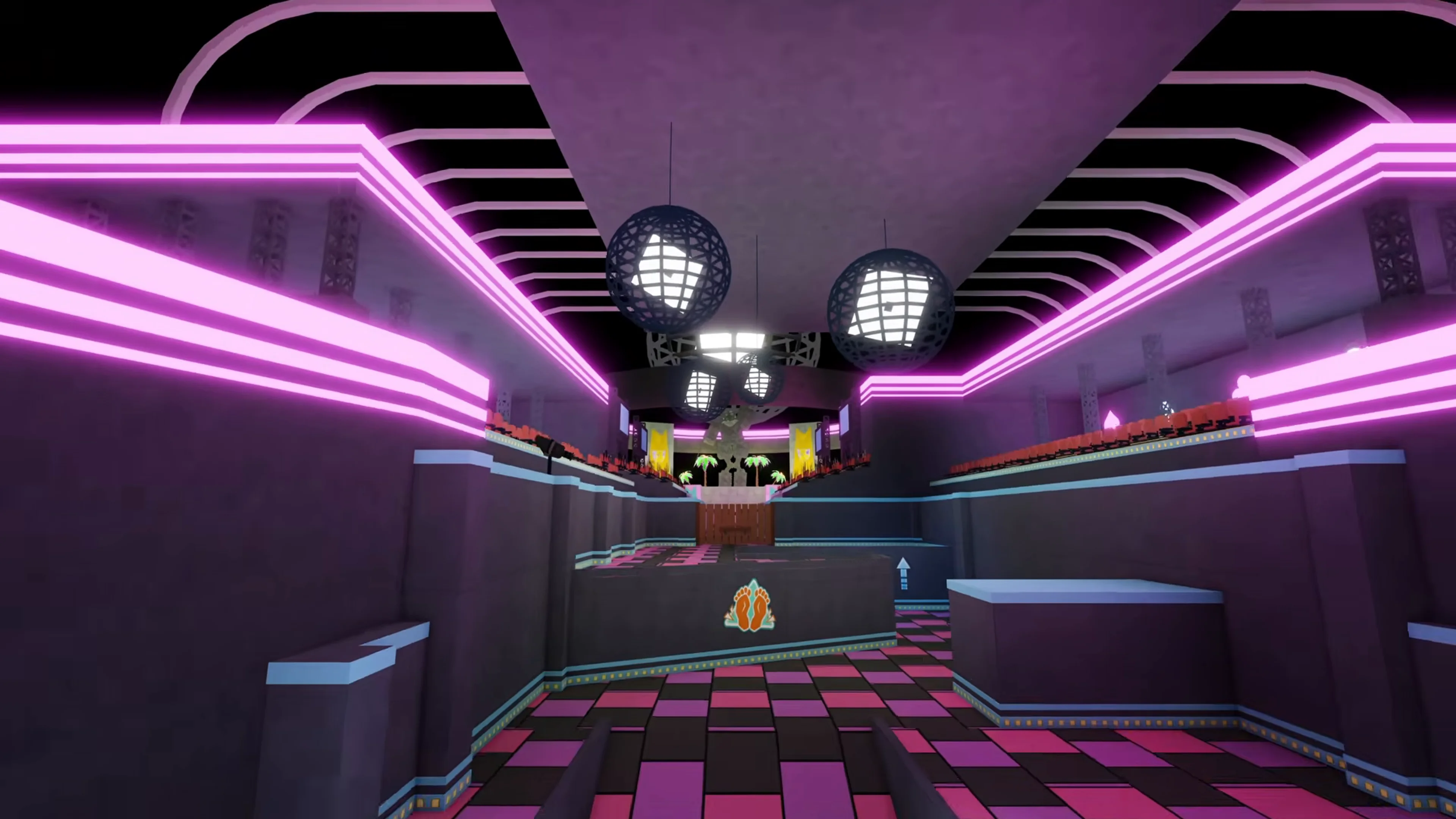 A wide view of a neon-lit arena in Arsenal’s Rogue mode.