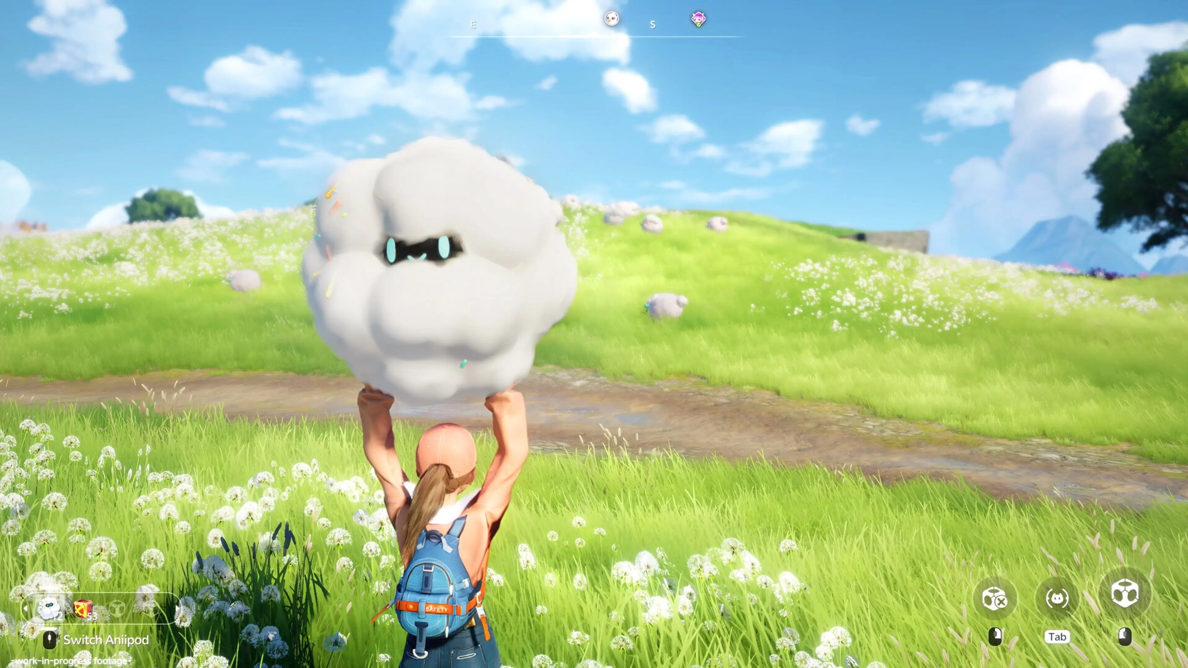 A Pathfinder carries a fluffy white Aniimo across a bright green field.
