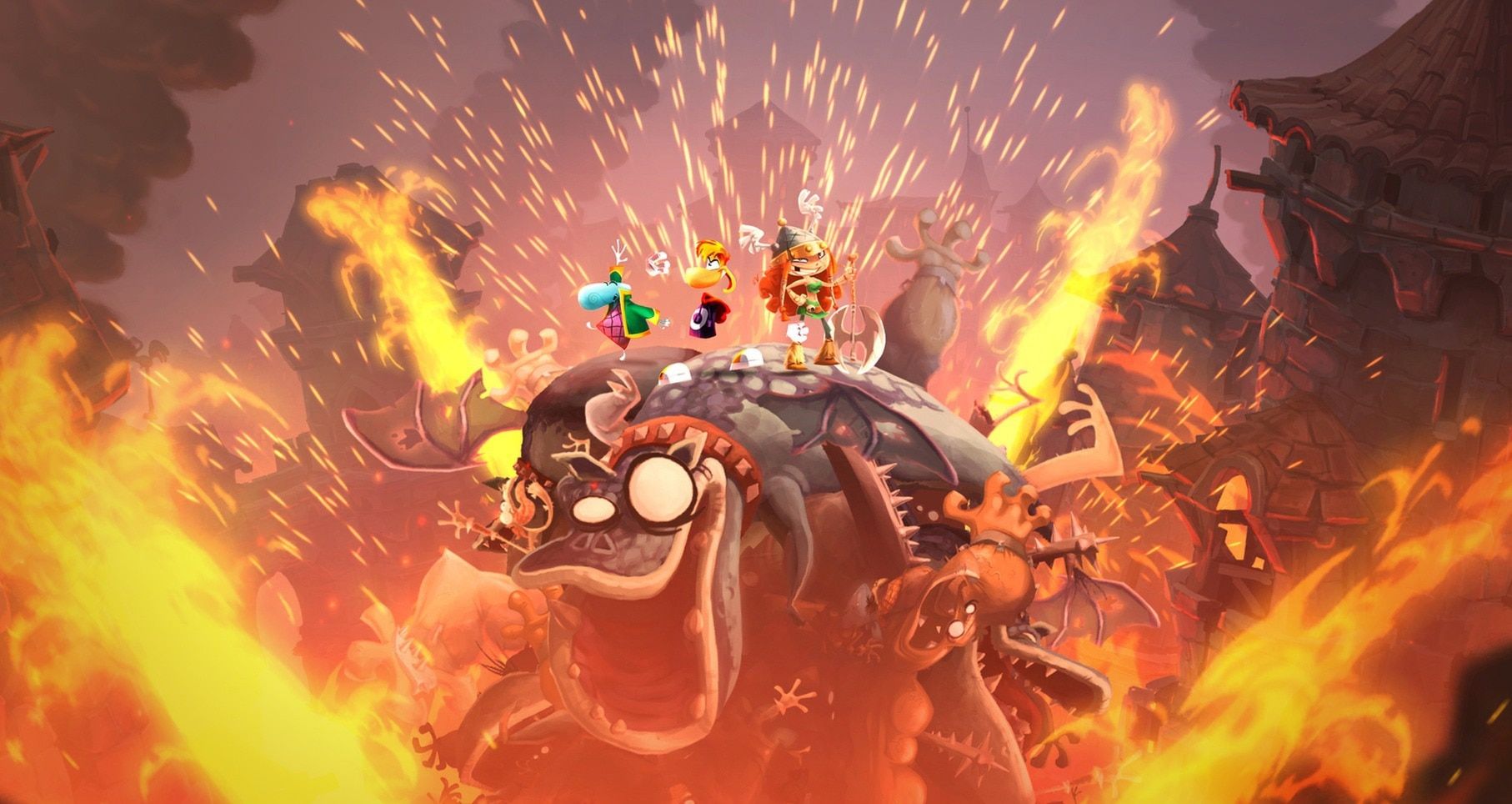 Rayman and friends face a roaring creature amid orange flames.