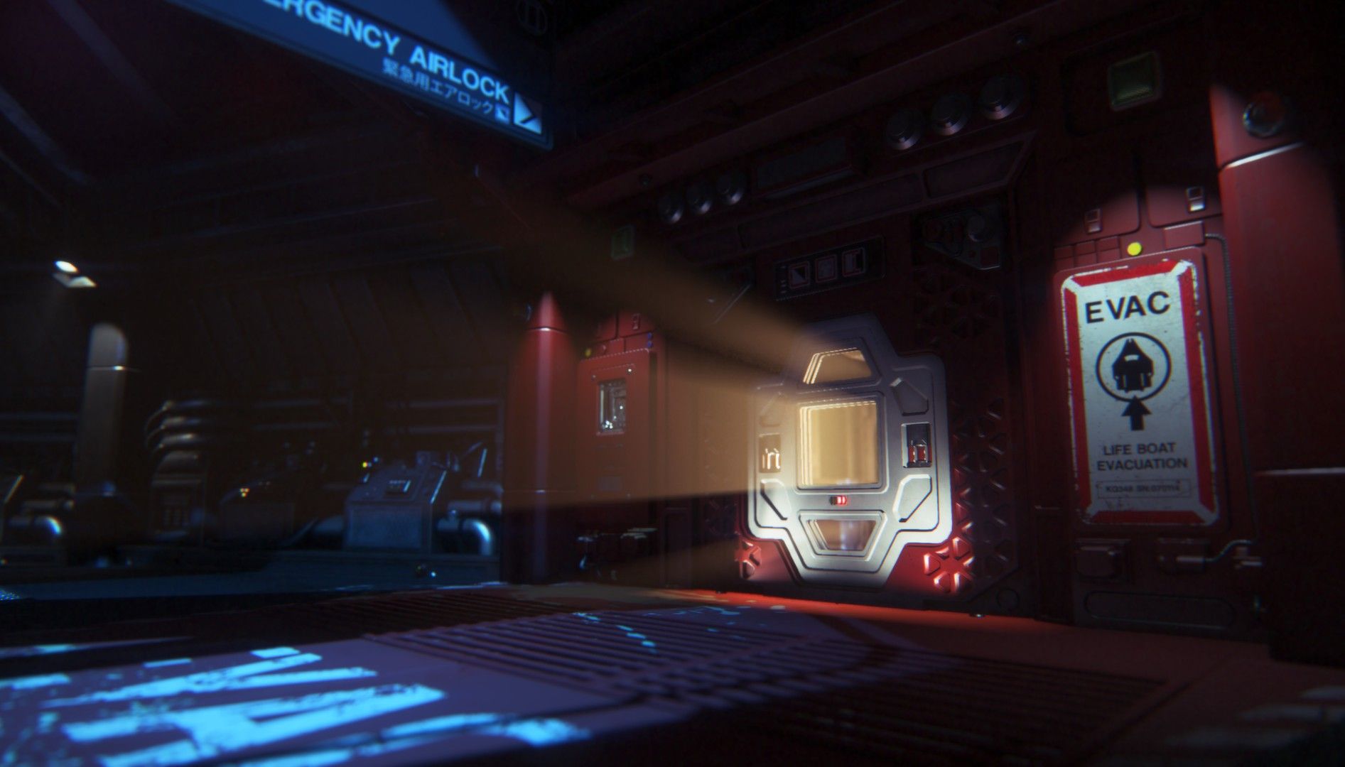 An emergency airlock area is lit with blue floor markings and red warning signs.