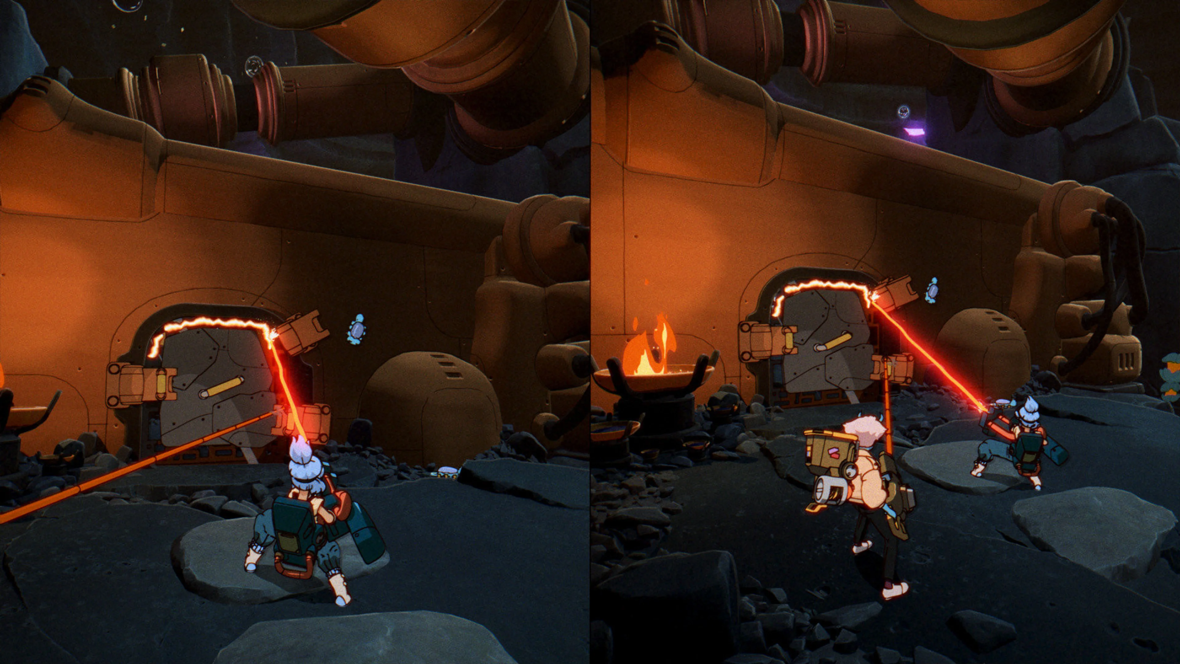 Both Orbitals players fight enemies in complementary split-screen views.