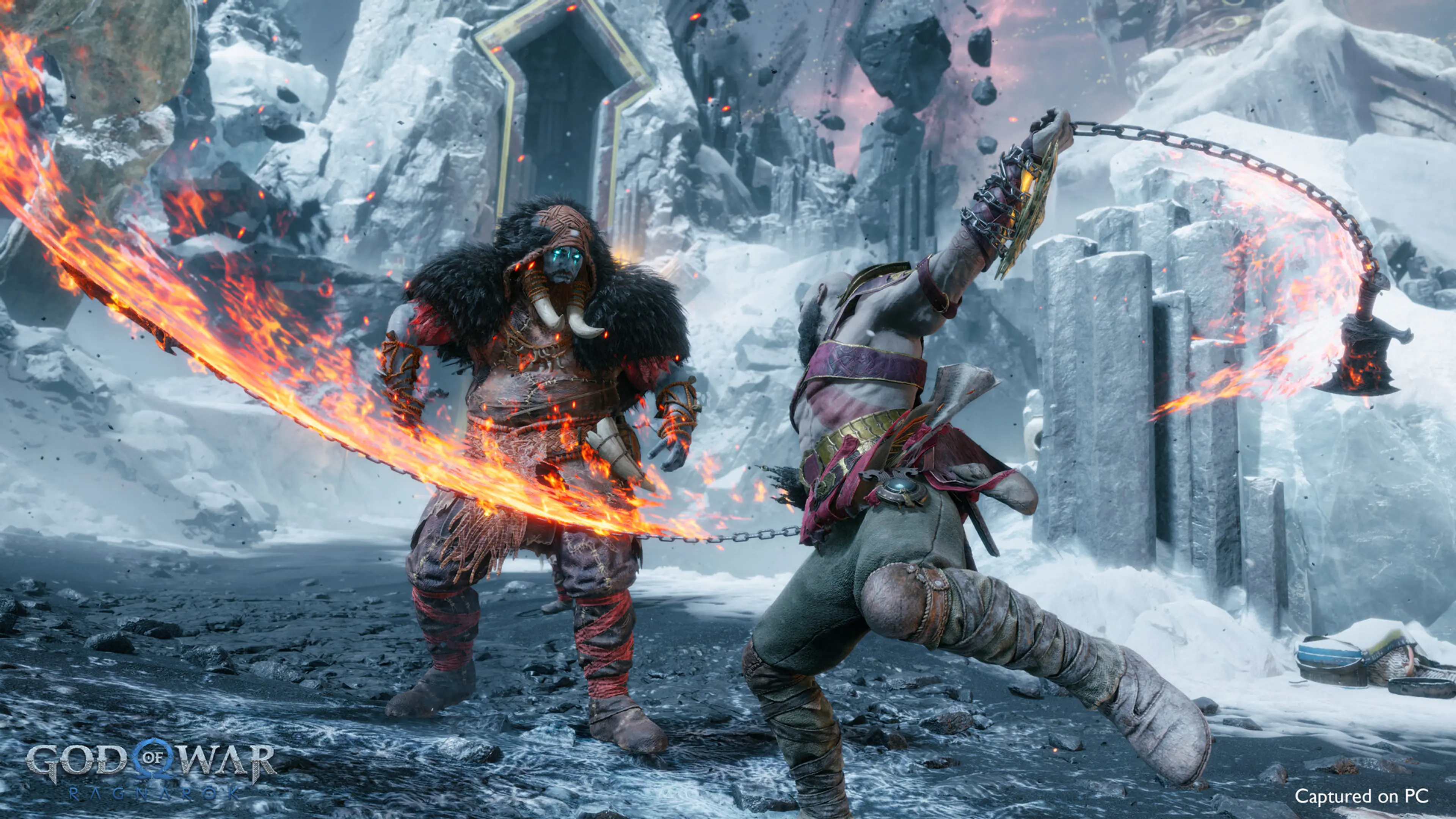 Kratos swings a flaming chain blade at an enemy in snowy ruins in God of War Ragnarok.