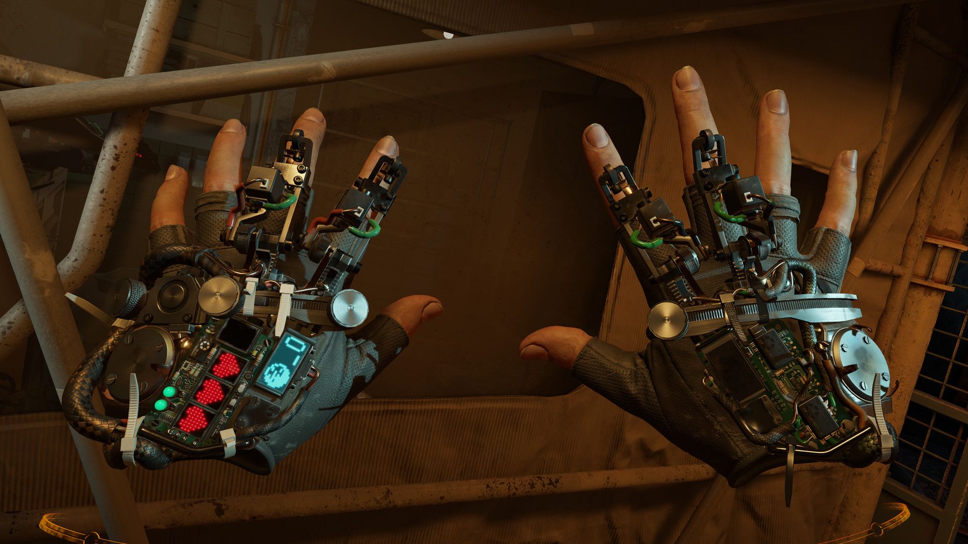 Close view of Alyx’s two mechanical gloves against a wall.