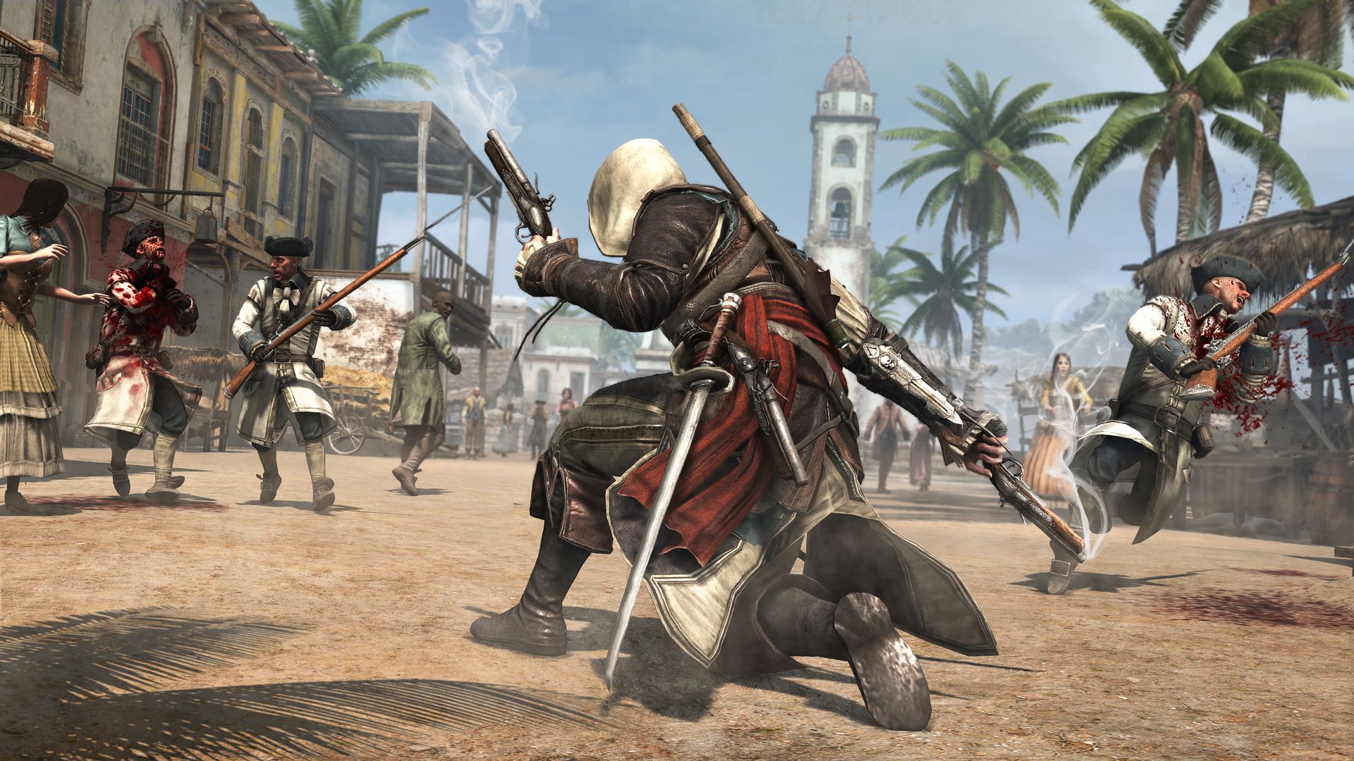 Edward confronts guards in a sunlit Caribbean town.