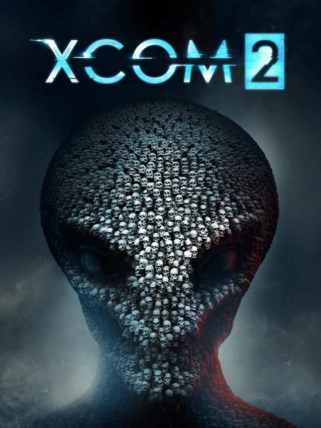 Official XCOM 2 cover with the blue game logo above an alien head made of human skulls.