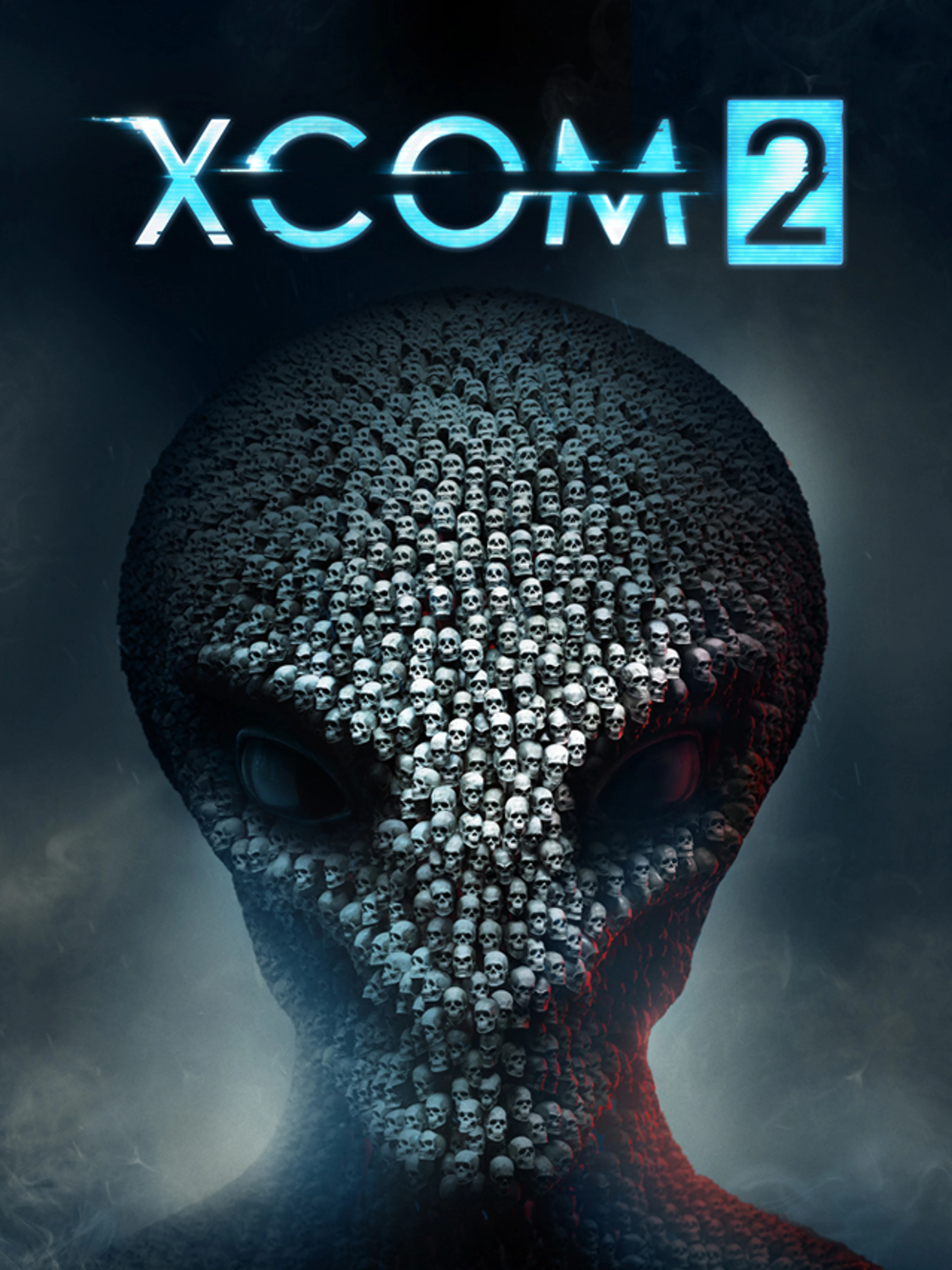 Official XCOM 2 cover with the blue game logo above an alien head made of human skulls.
