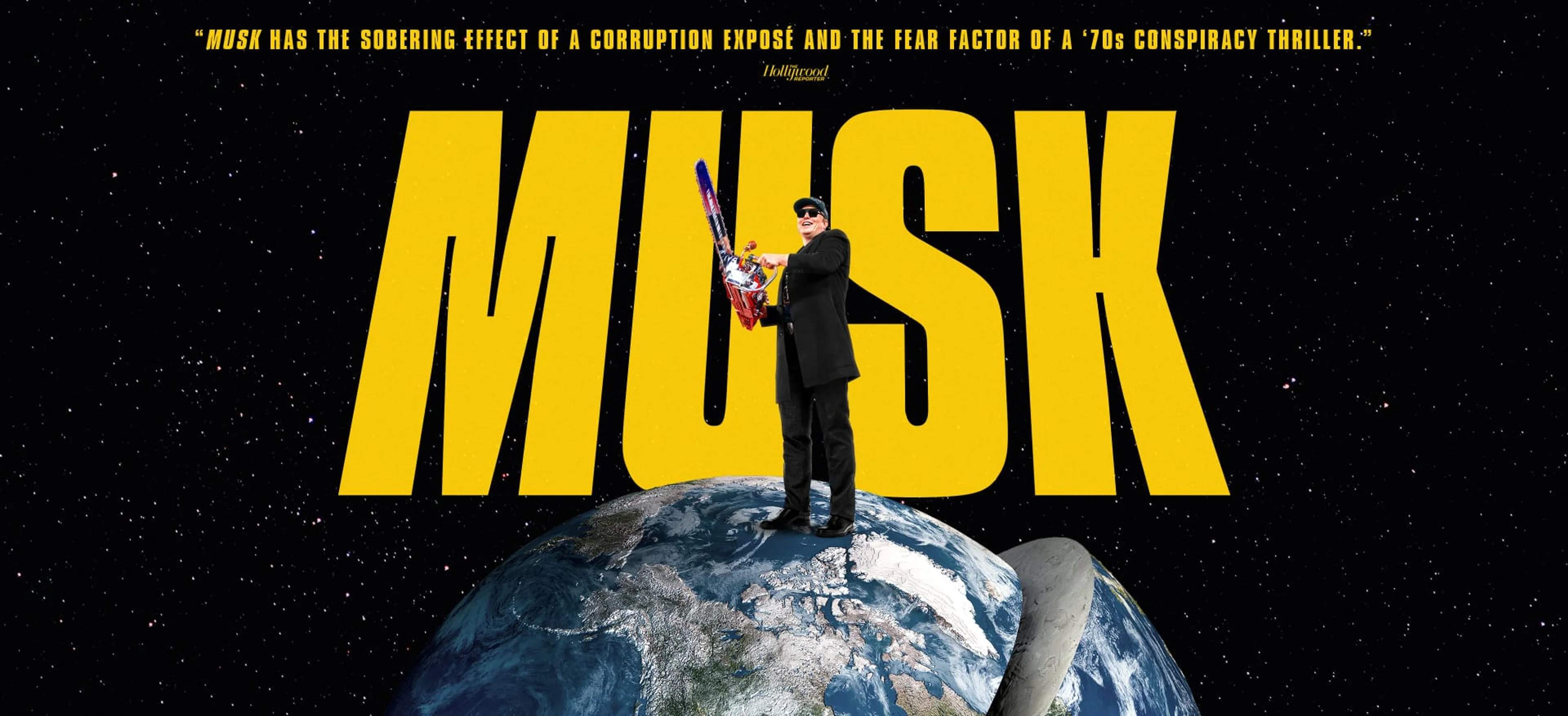 Elon Musk stands on a globe in official artwork for the documentary Musk.