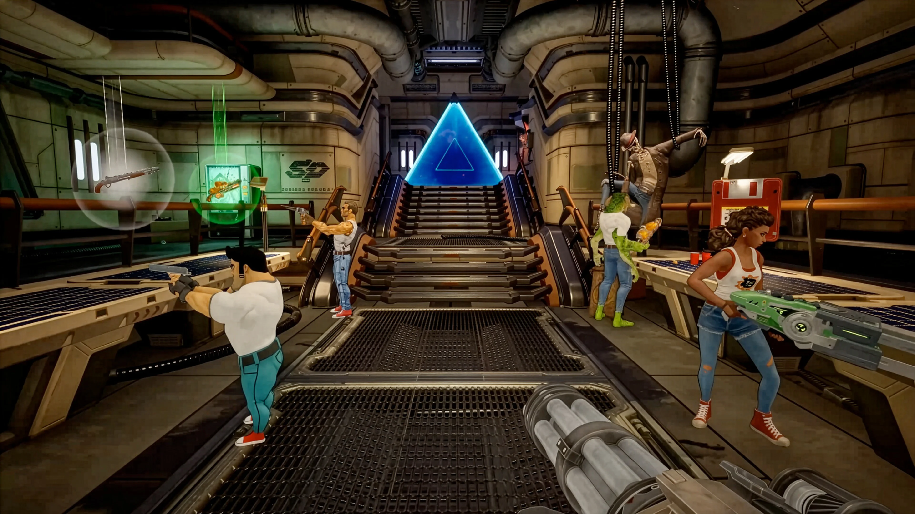 Five alternate-universe versions of Sam stand around a glowing portal inside a weapons room in Serious Sam: Shatterverse.
