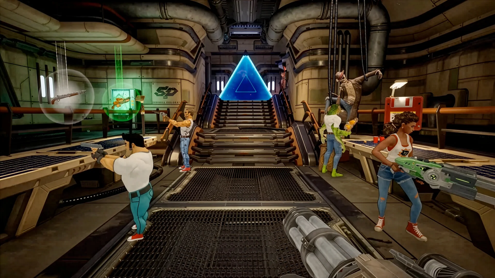Five alternate-universe versions of Sam stand around a glowing portal inside a weapons room in Serious Sam: Shatterverse.