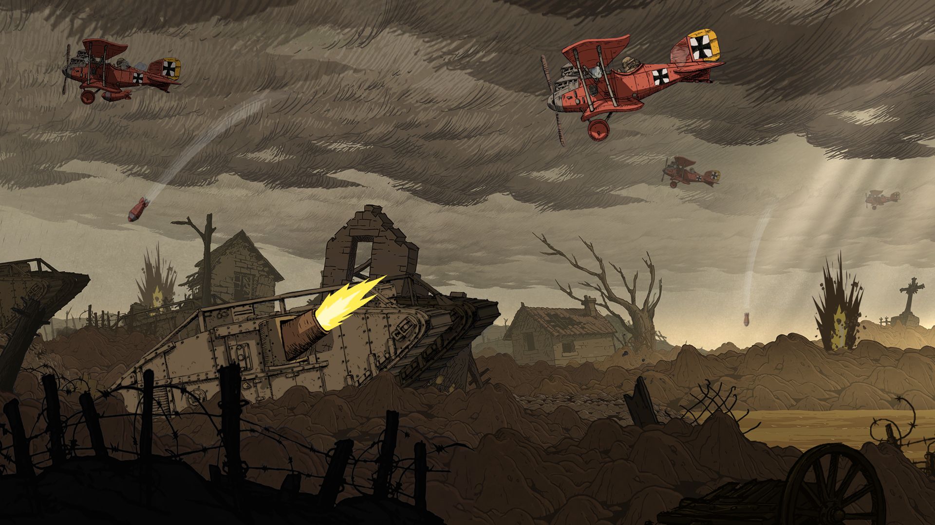 Biplanes cross a hand-drawn battlefield under heavy clouds.