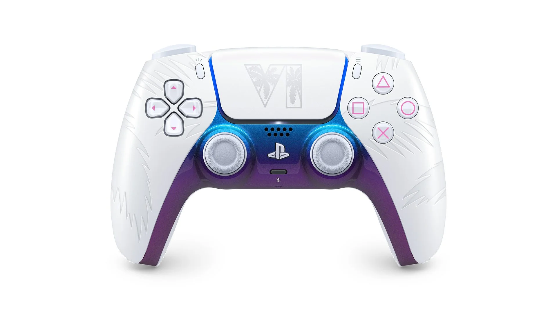 The White Limited Edition Grand Theft Auto VI DualSense controller is shown from the front with its white shell and pink face buttons.