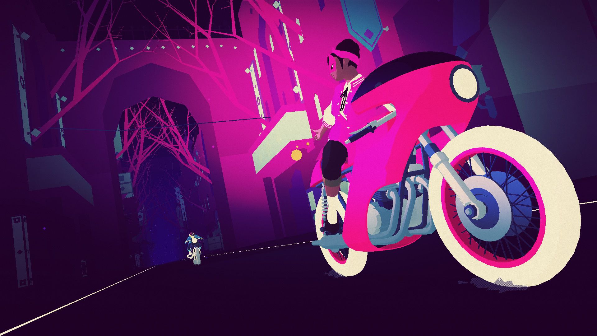A masked rider on a pink motorcycle crosses a purple city, showing the game’s bold colors and arcade-action style.