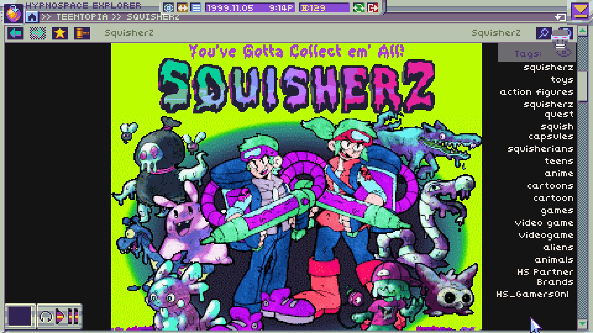 A colorful Squisherz fan page sits inside the browser, showing the homemade-page style of this fictional internet.