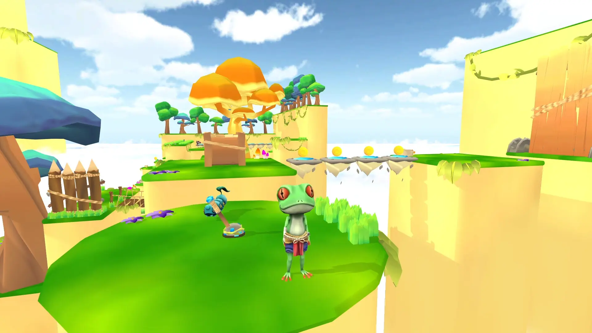 A green frog stands on a colorful floating platform in Toad Land.