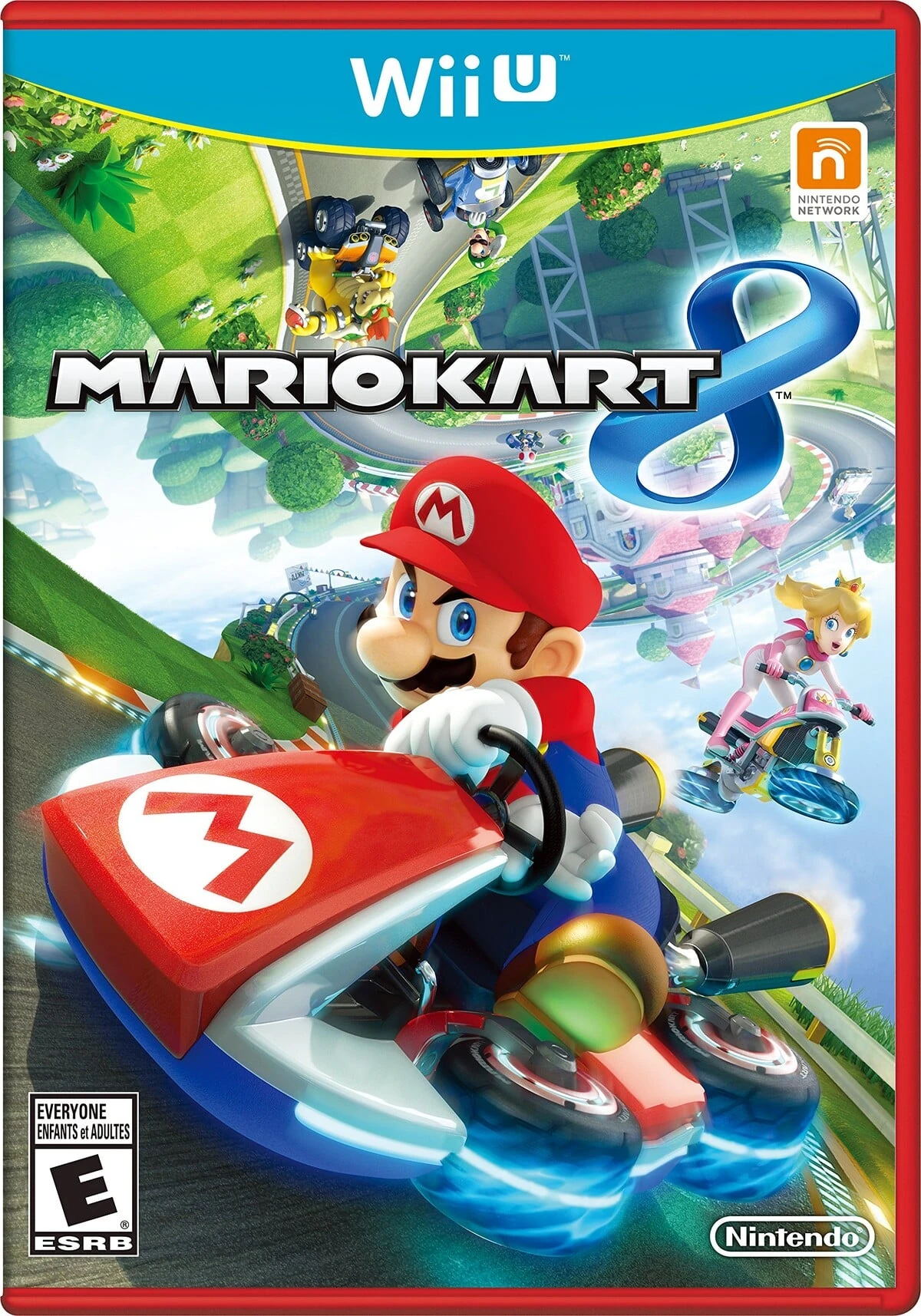 Official North American Mario Kart 8 Wii U box cover with Mario driving below the native game logo and ESRB E mark.
