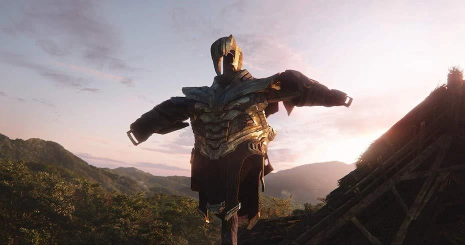Thanos’s empty armor stands like a scarecrow in a sunlit field in Avengers: Endgame.