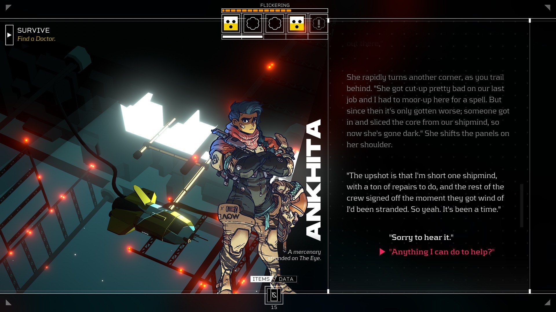 A character and action choices appear in the Citizen Sleeper interface.