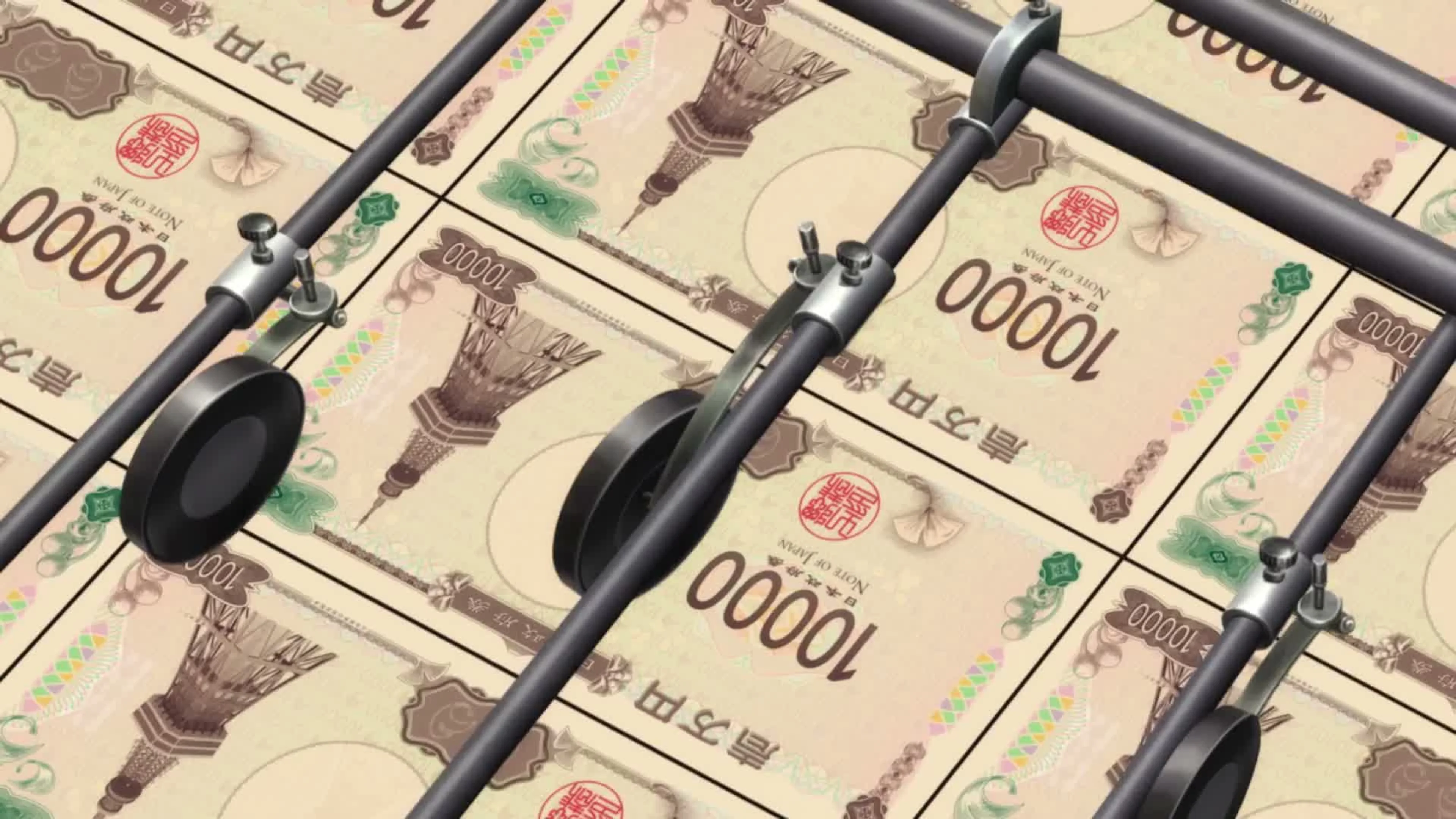 Banknotes move through printing equipment in the Conan anniversary trailer.