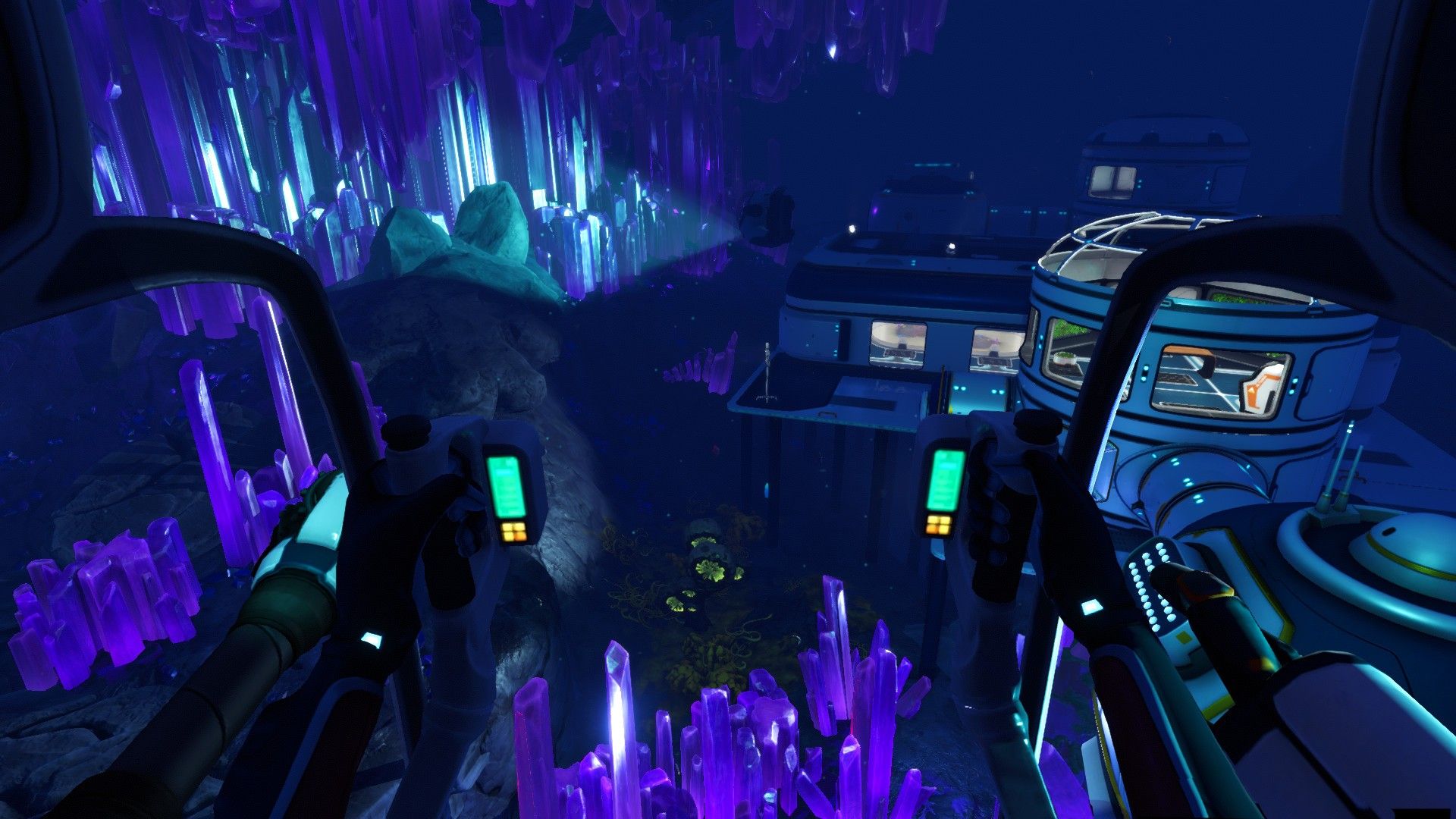 A small submersible moves through a glowing purple cave in Below Zero.