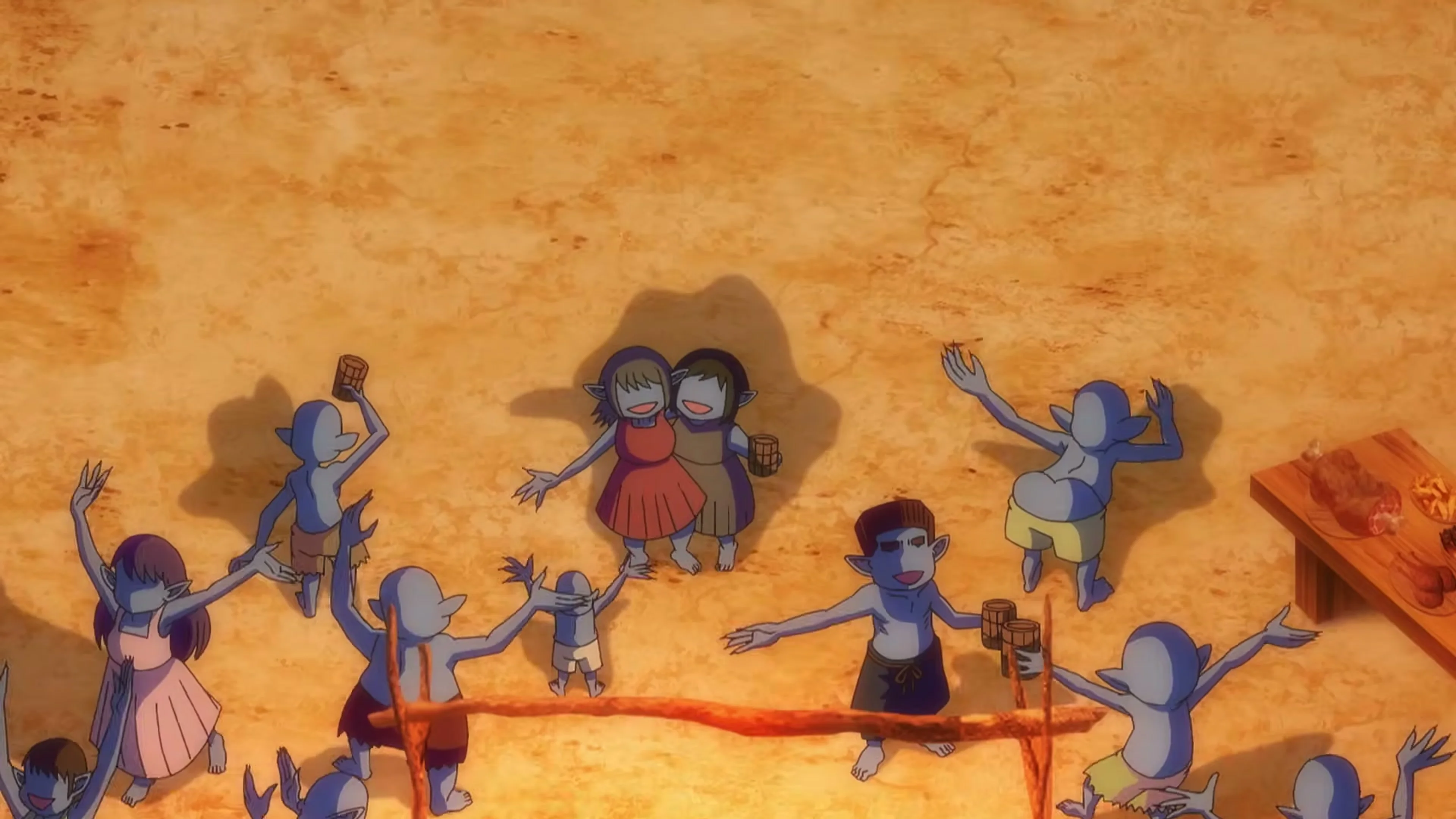 Goblin villagers gather around a memorial in the official anime trailer.
