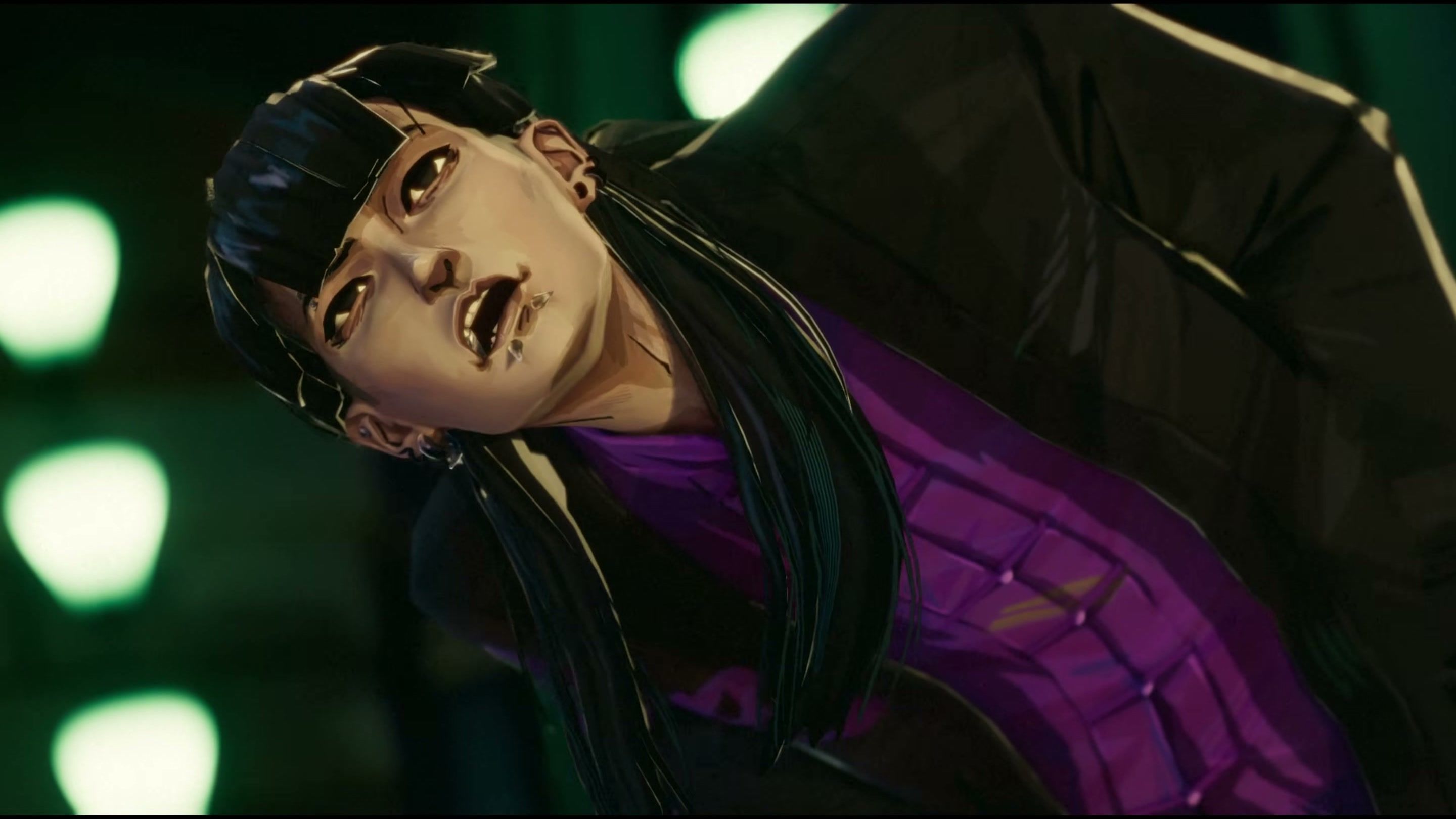 A black-haired KEMURI Yokai Hunter in a dark jacket and purple shirt.