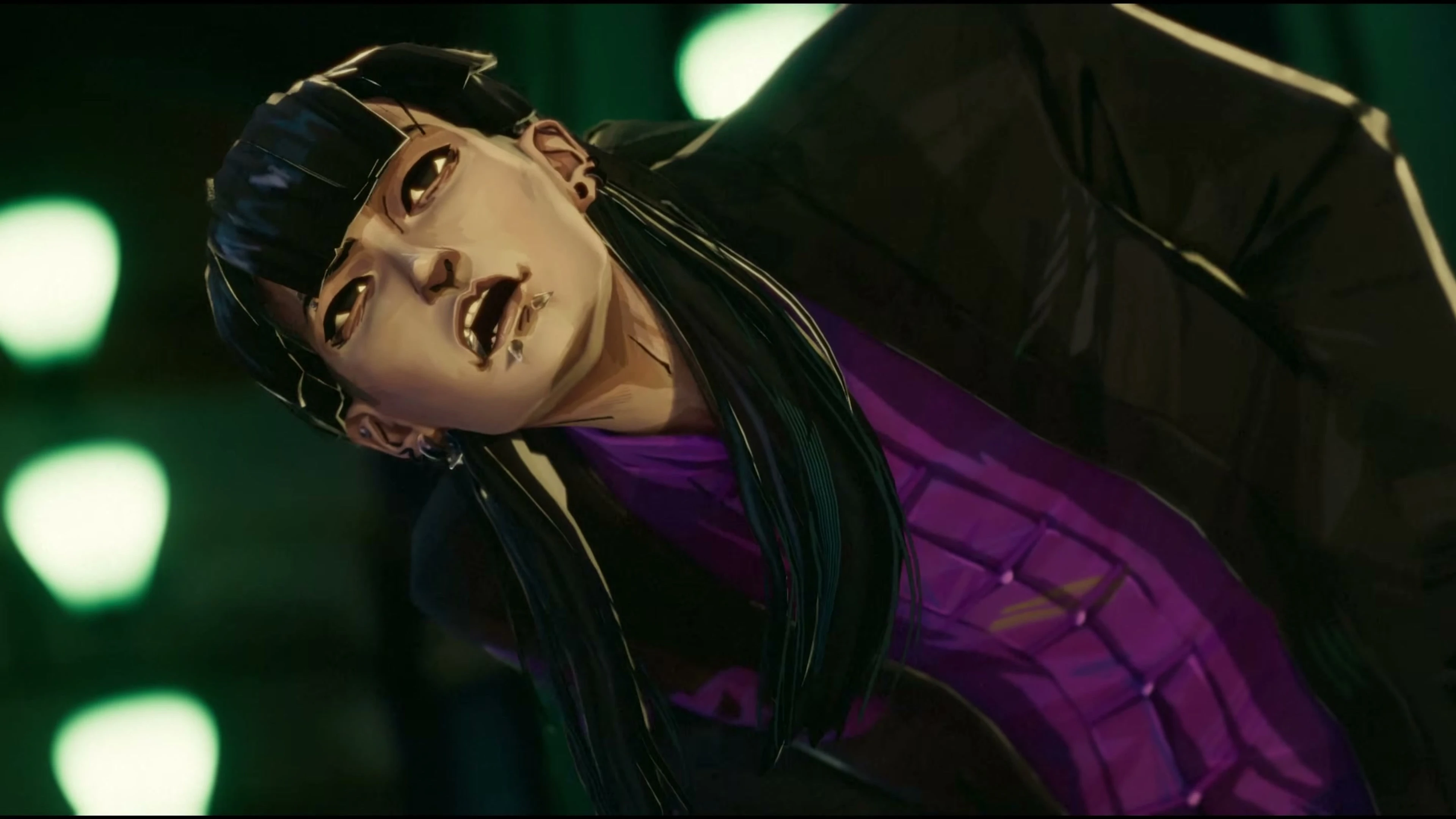 A black-haired KEMURI Yokai Hunter in a dark jacket and purple shirt.