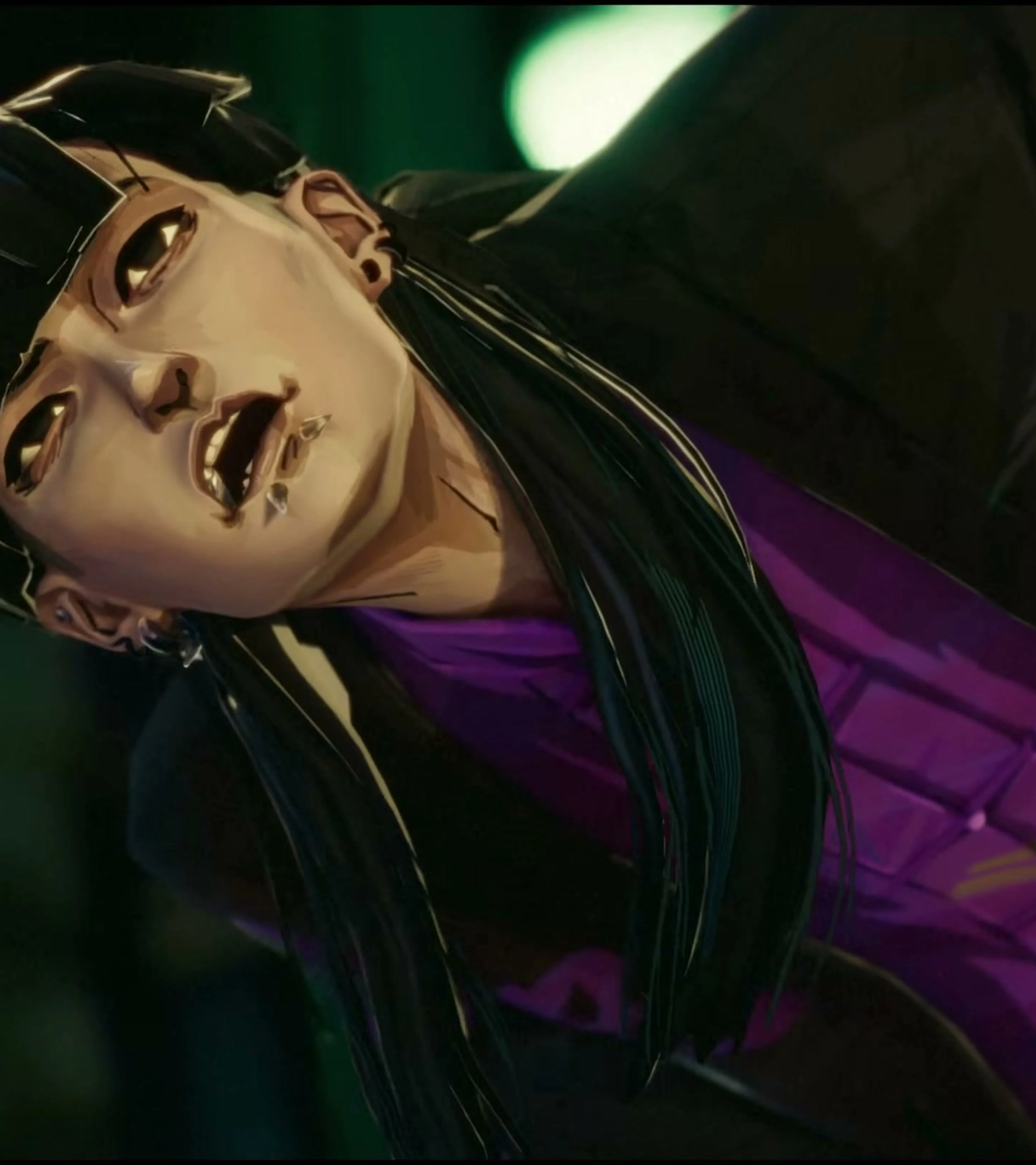 A black-haired KEMURI Yokai Hunter in a dark jacket and purple shirt.