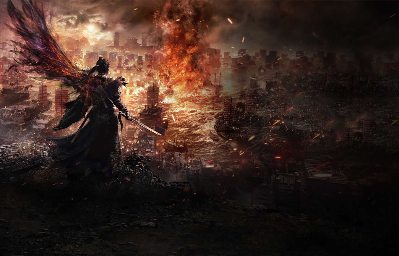 The Wo Long 2 protagonist faces a burning fleet at the Red Cliffs.