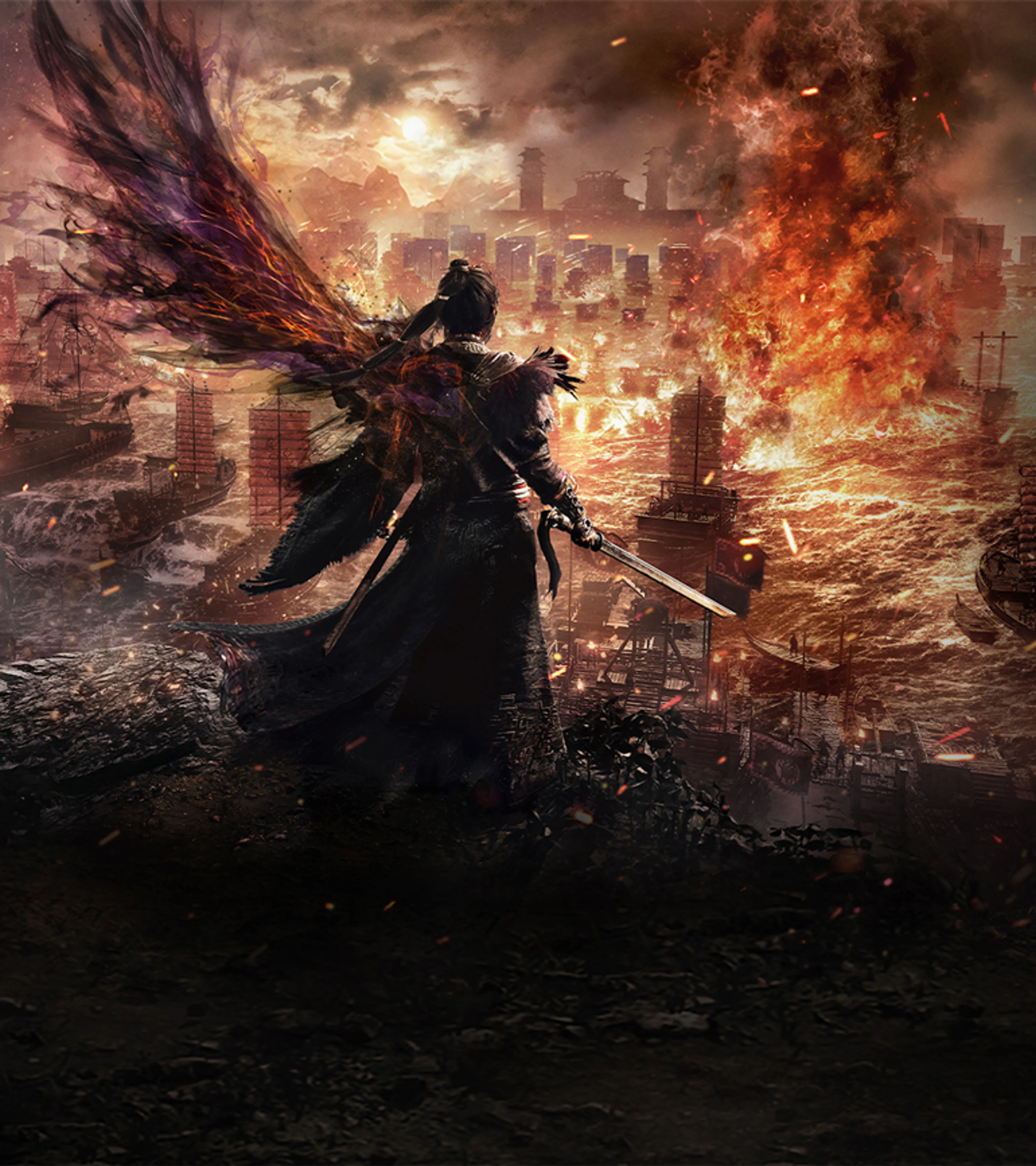 The Wo Long 2 protagonist faces a burning fleet at the Red Cliffs.