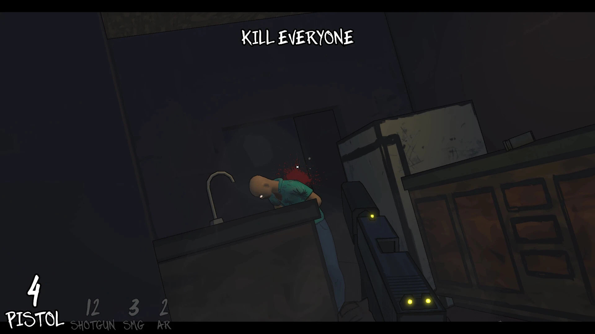First-person pistol combat inside a building in Declan Moses.