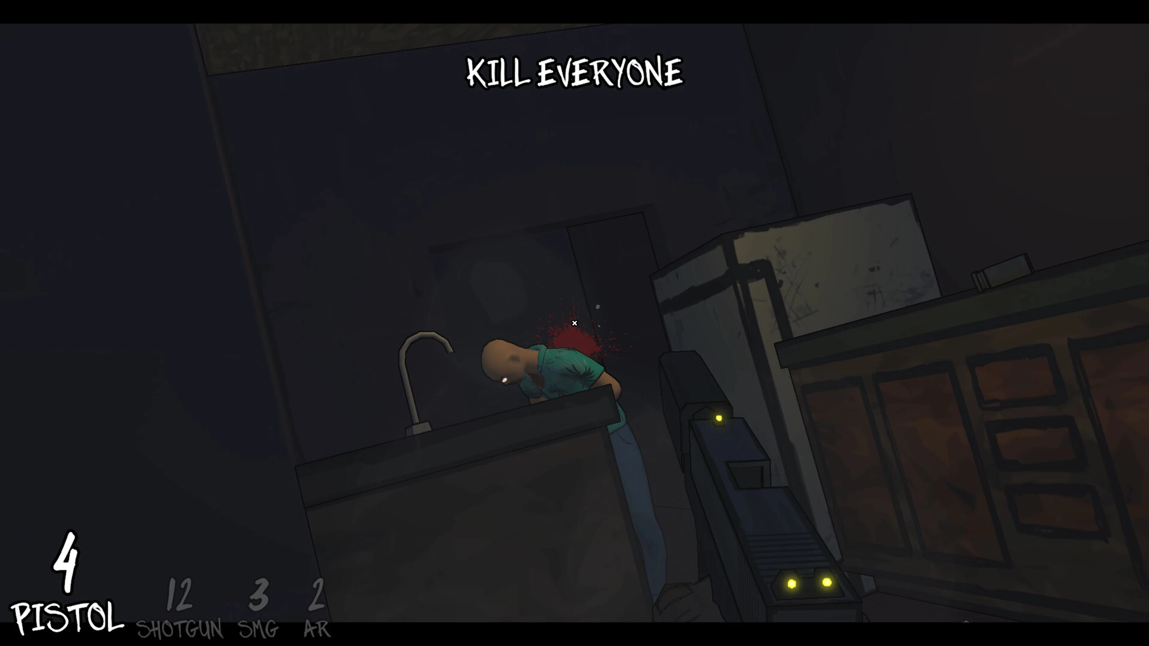 First-person pistol combat inside a building in Declan Moses.